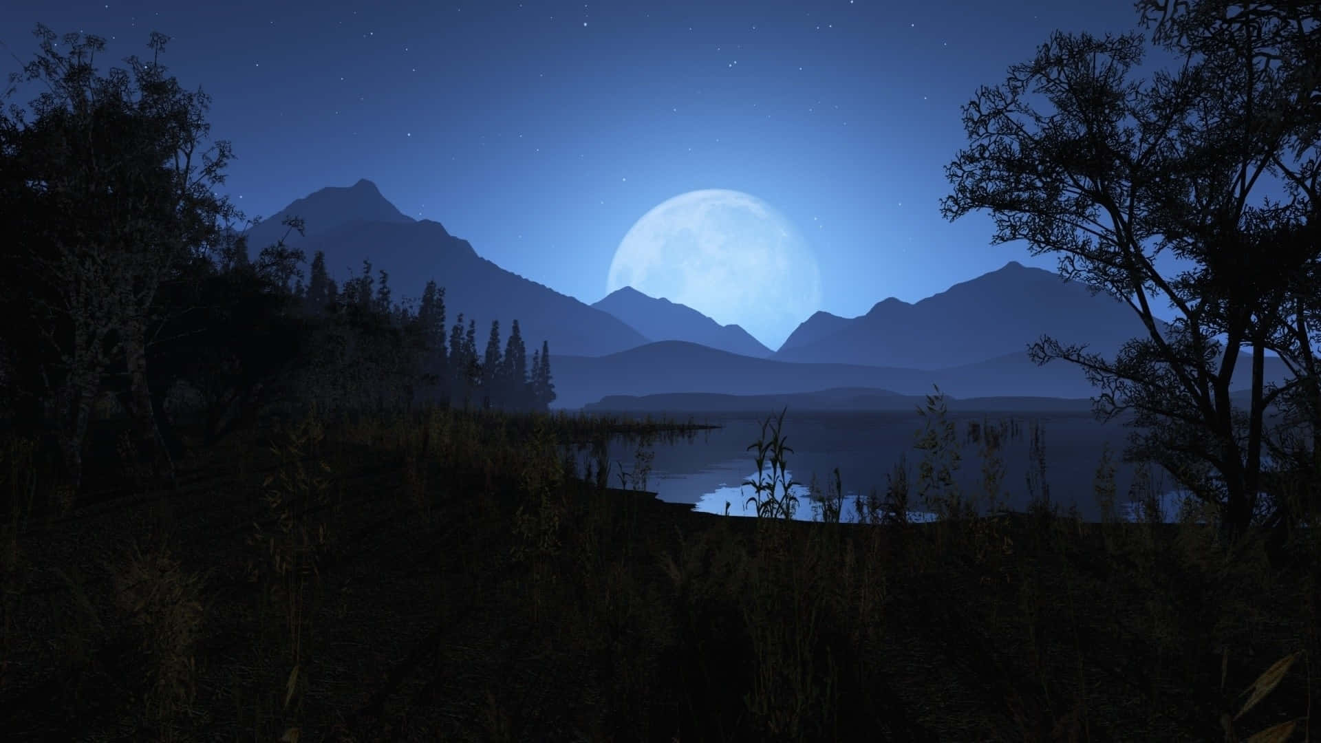moonlit mountain lake, full moon, silhouetted mountains, Full HD Desktop Wallpaper