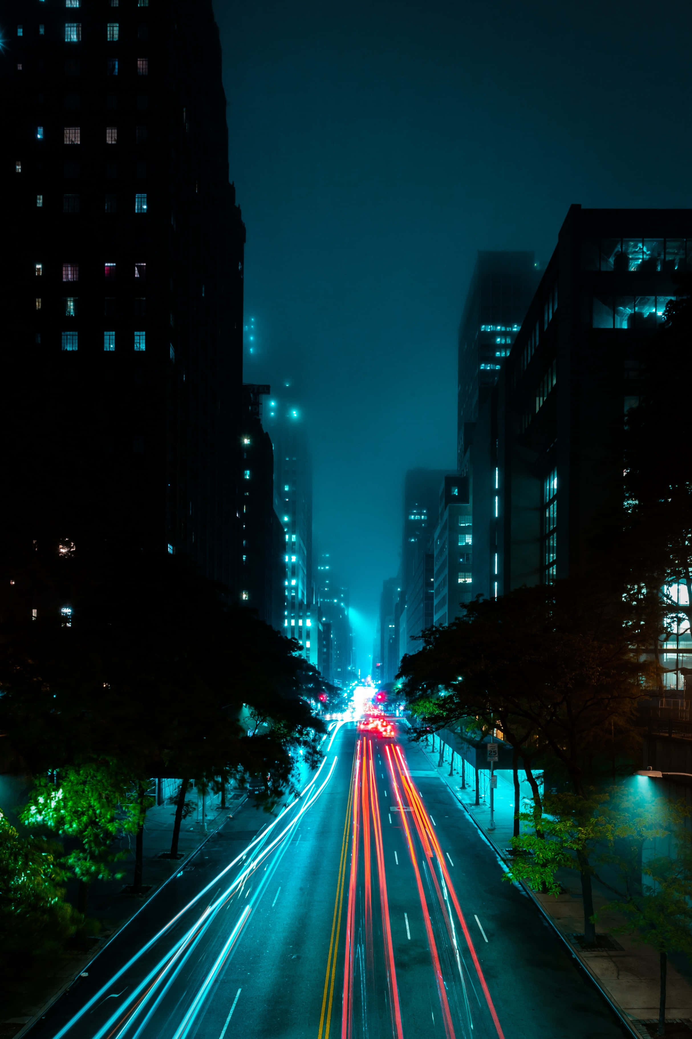 Misty Night Cityscape, traffic lights, foggy urban street, 2K Phone Wallpaper