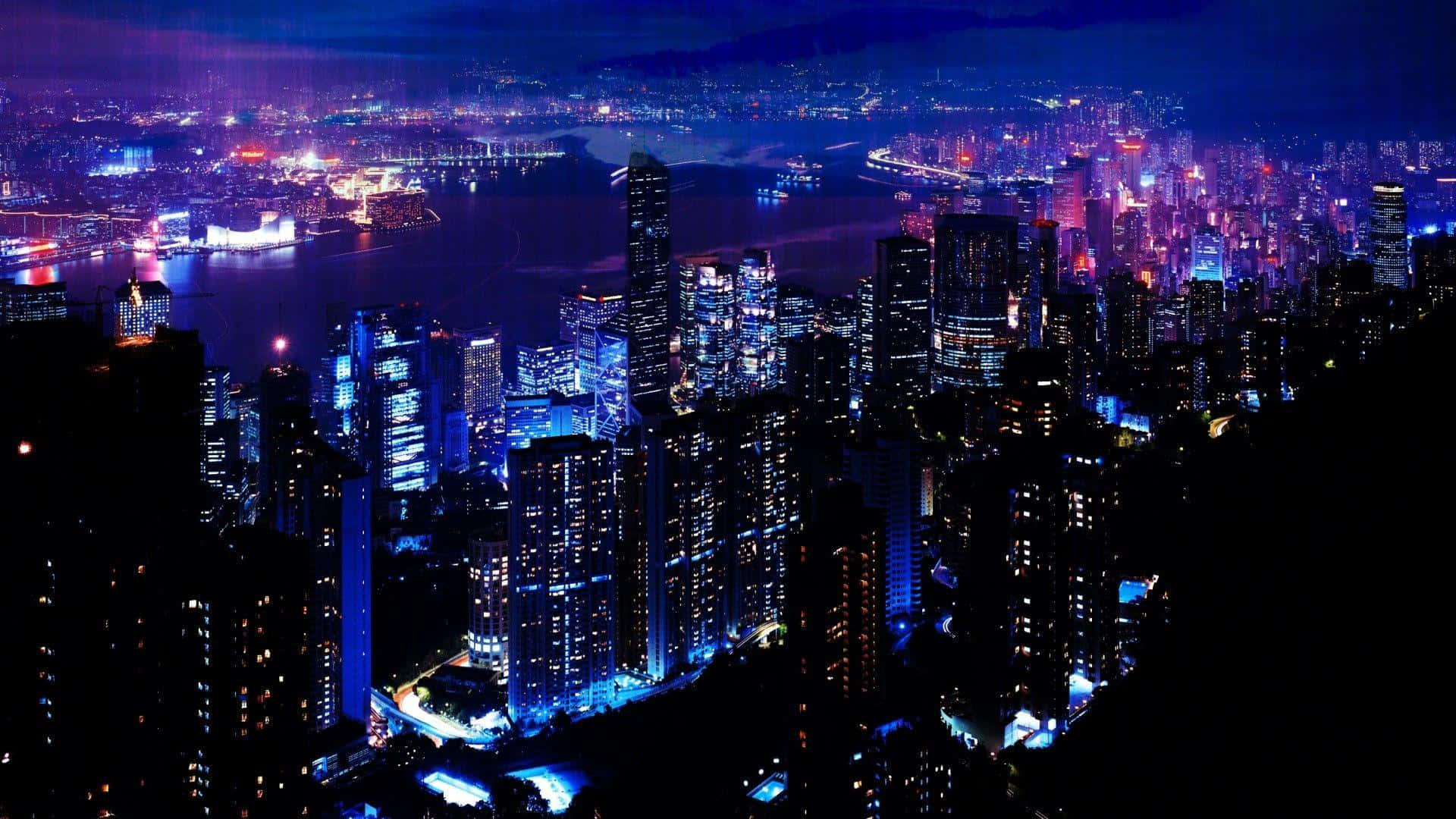 City Night Lights Panorama, electric blue, purple, Full HD Desktop Wallpaper
