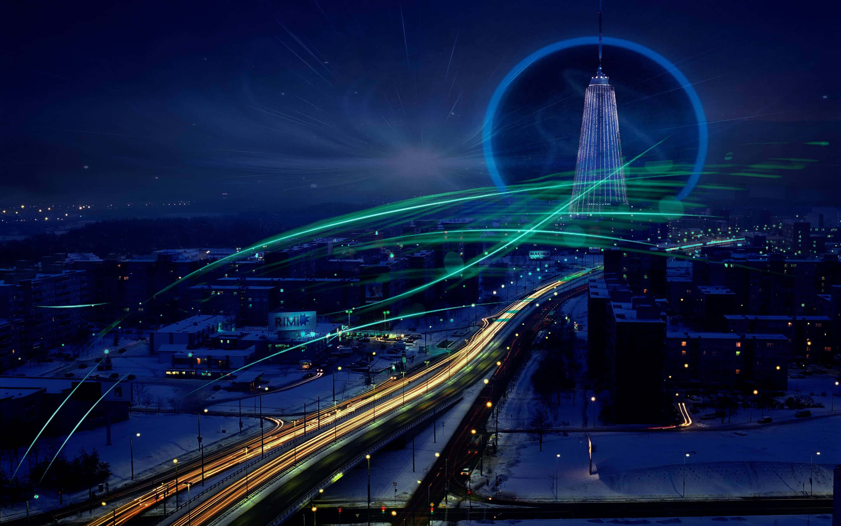 futuristic tower, blue ring, glowing green light trails, 2K Desktop Wallpaper