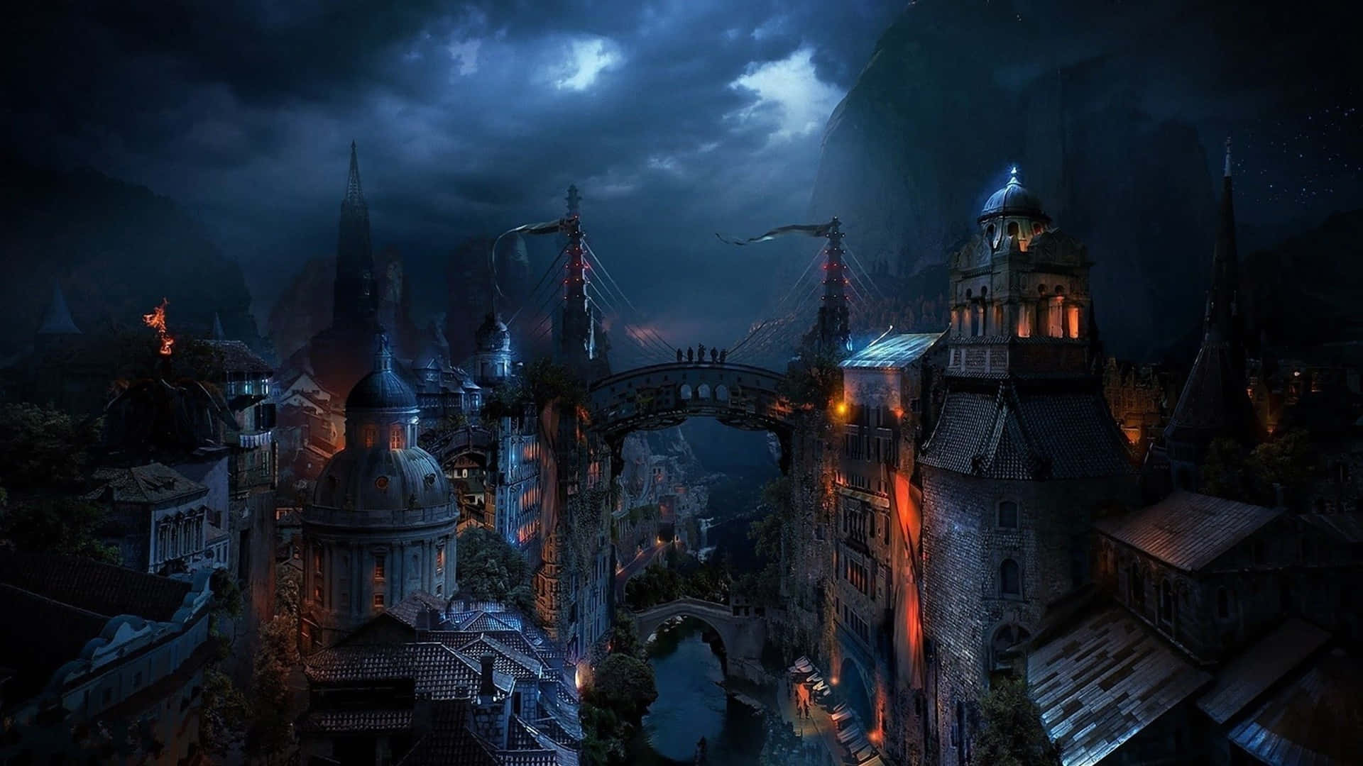 Gothic Fantasy Cityscape, moonlit, canyon, Full HD Desktop Wallpaper