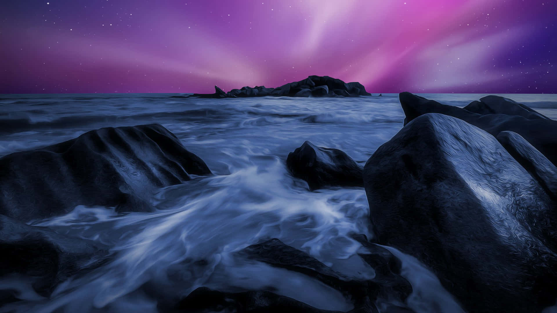Aurora, purple aurora, rocky shoreline, Full HD Desktop Wallpaper