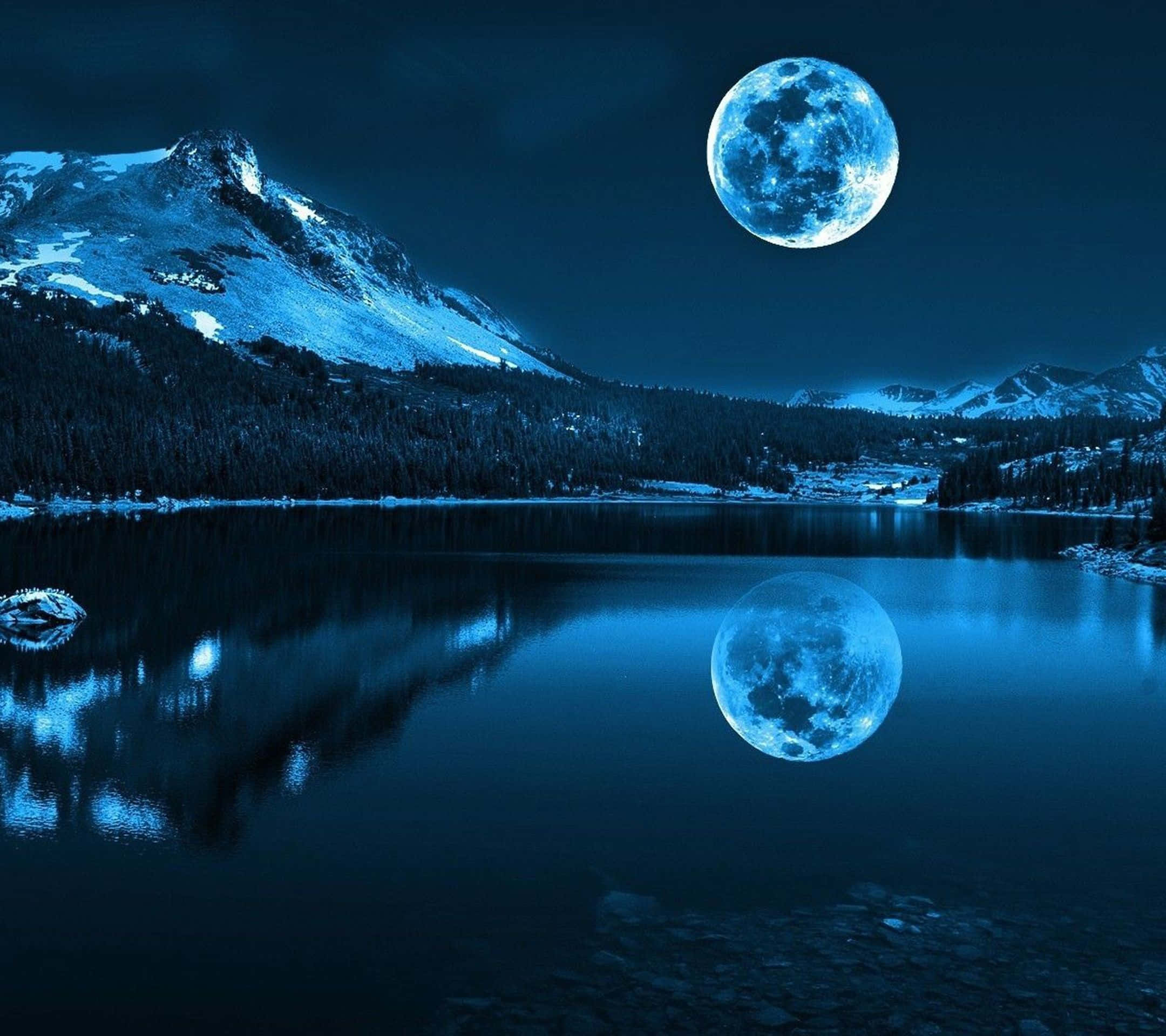 blue moon, snow capped mountains, calm lake, Full HD Desktop Wallpaper