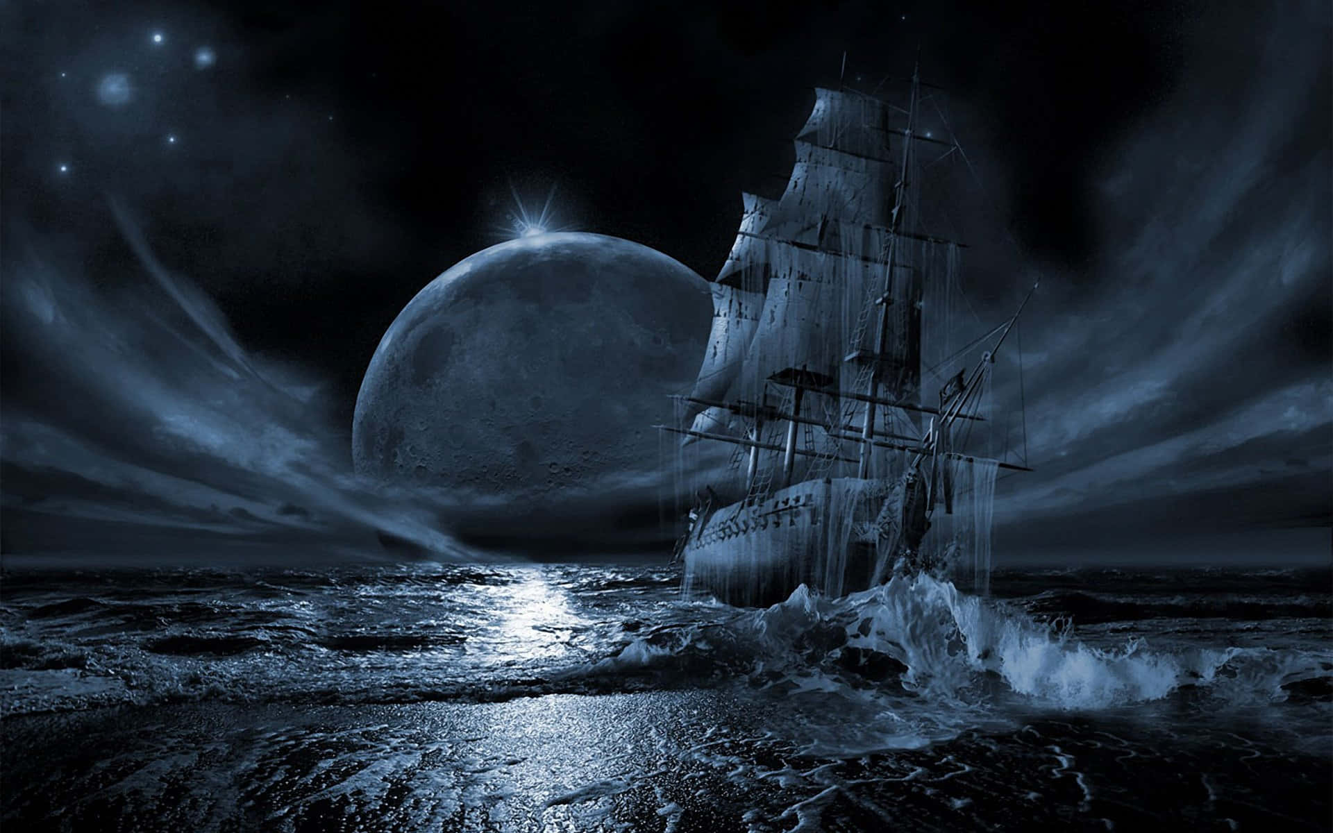 Starry Night Sky, ghostly sailing ship, stormy seas, Full HD Desktop Wallpaper