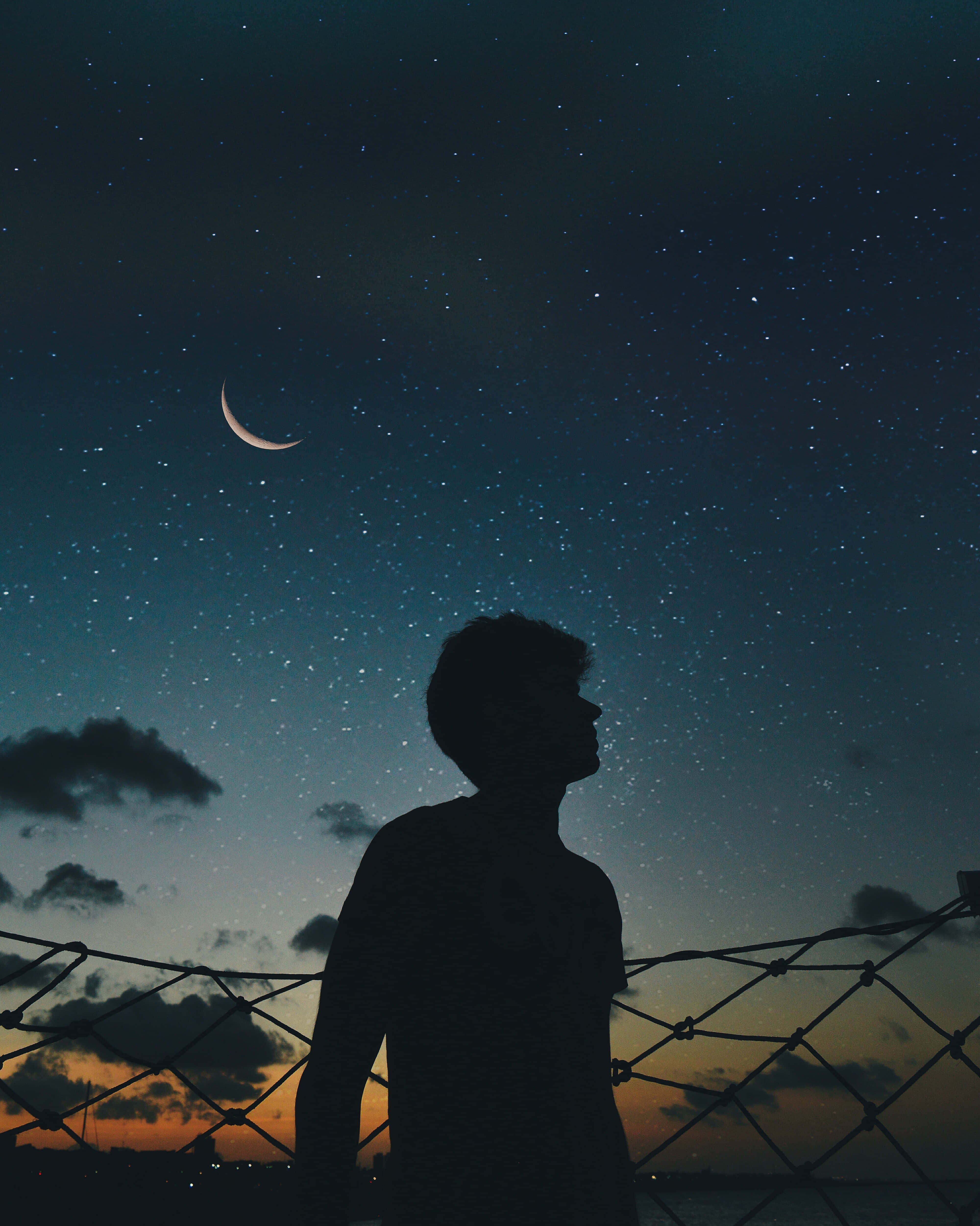 crescent moon, starry night sky, fence, 4K Phone Wallpaper