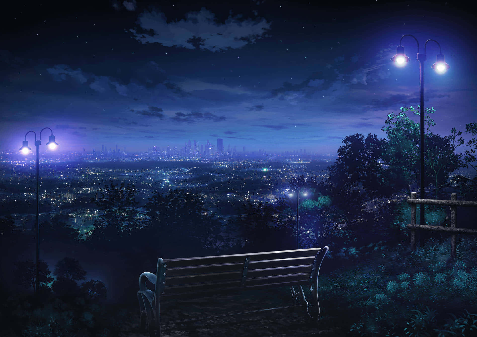 Tranquil Night Overlook, wooden bench, cityscape, Full HD Desktop Wallpaper