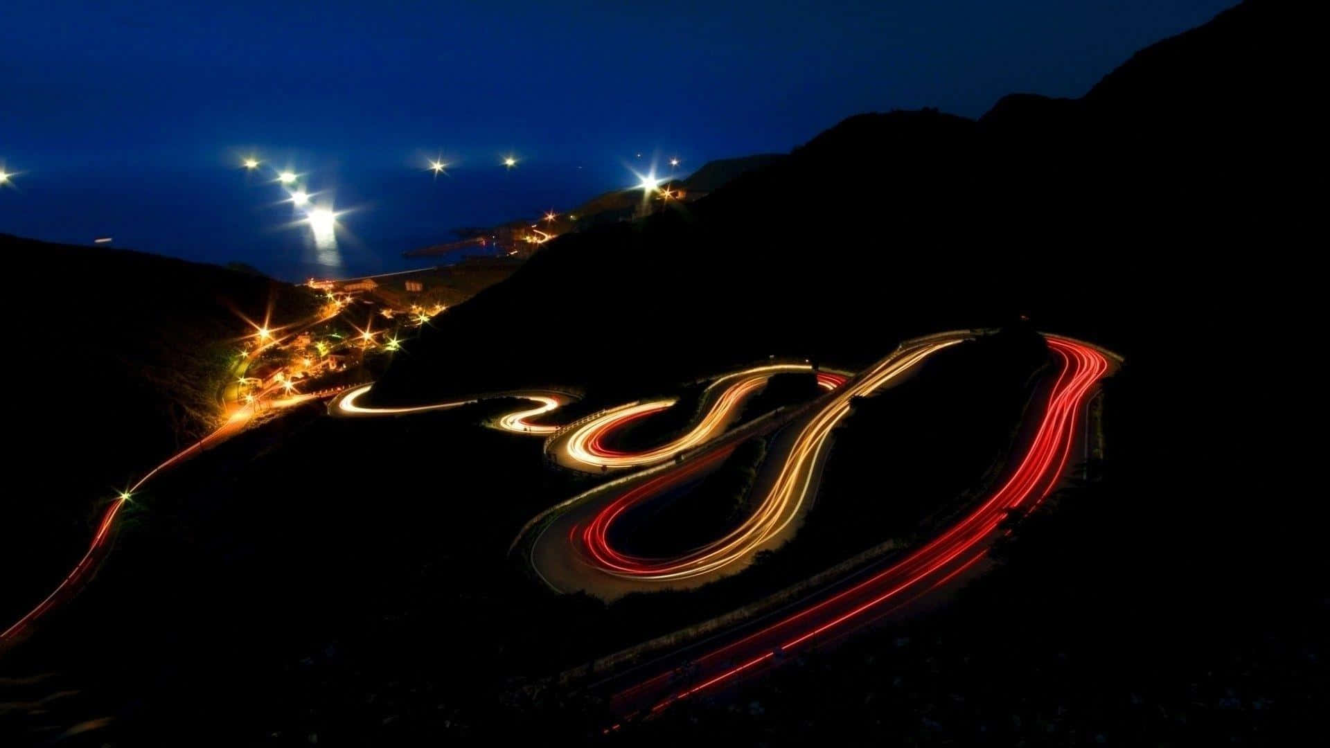 winding road, night lights, coastal road, Full HD Desktop Wallpaper