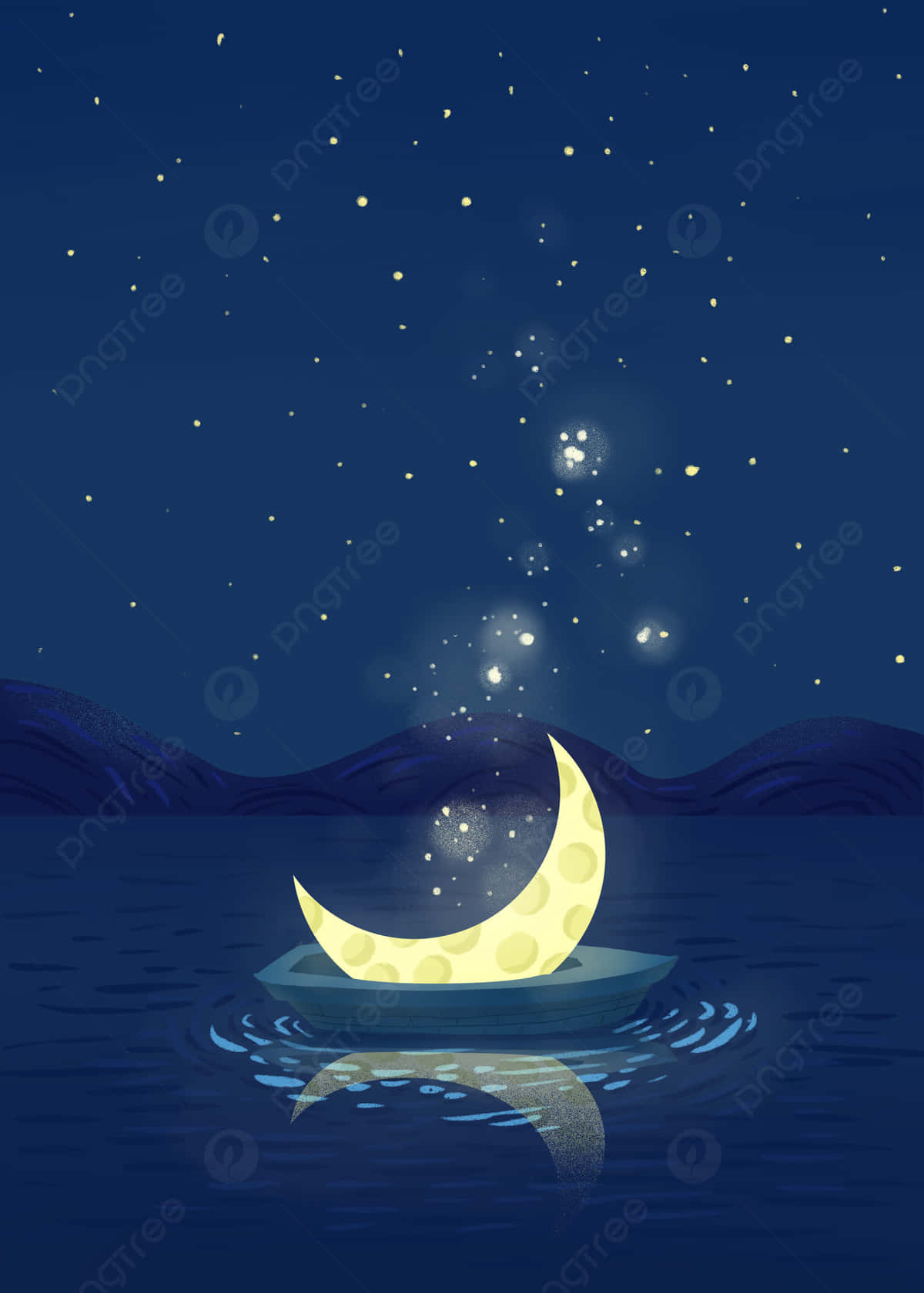 Starry Night, crescent moon, calm dark water, HD Phone Wallpaper