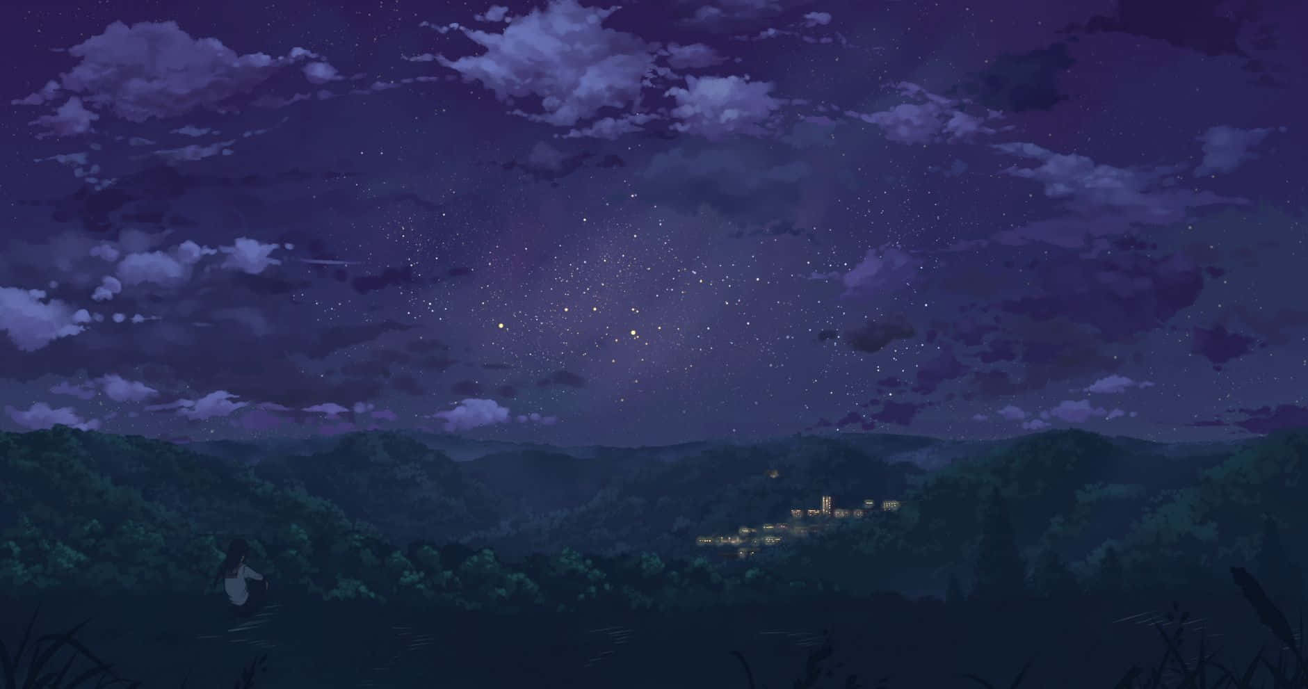 starry purple night sky, distant village, shadowed hills, HD Desktop Wallpaper