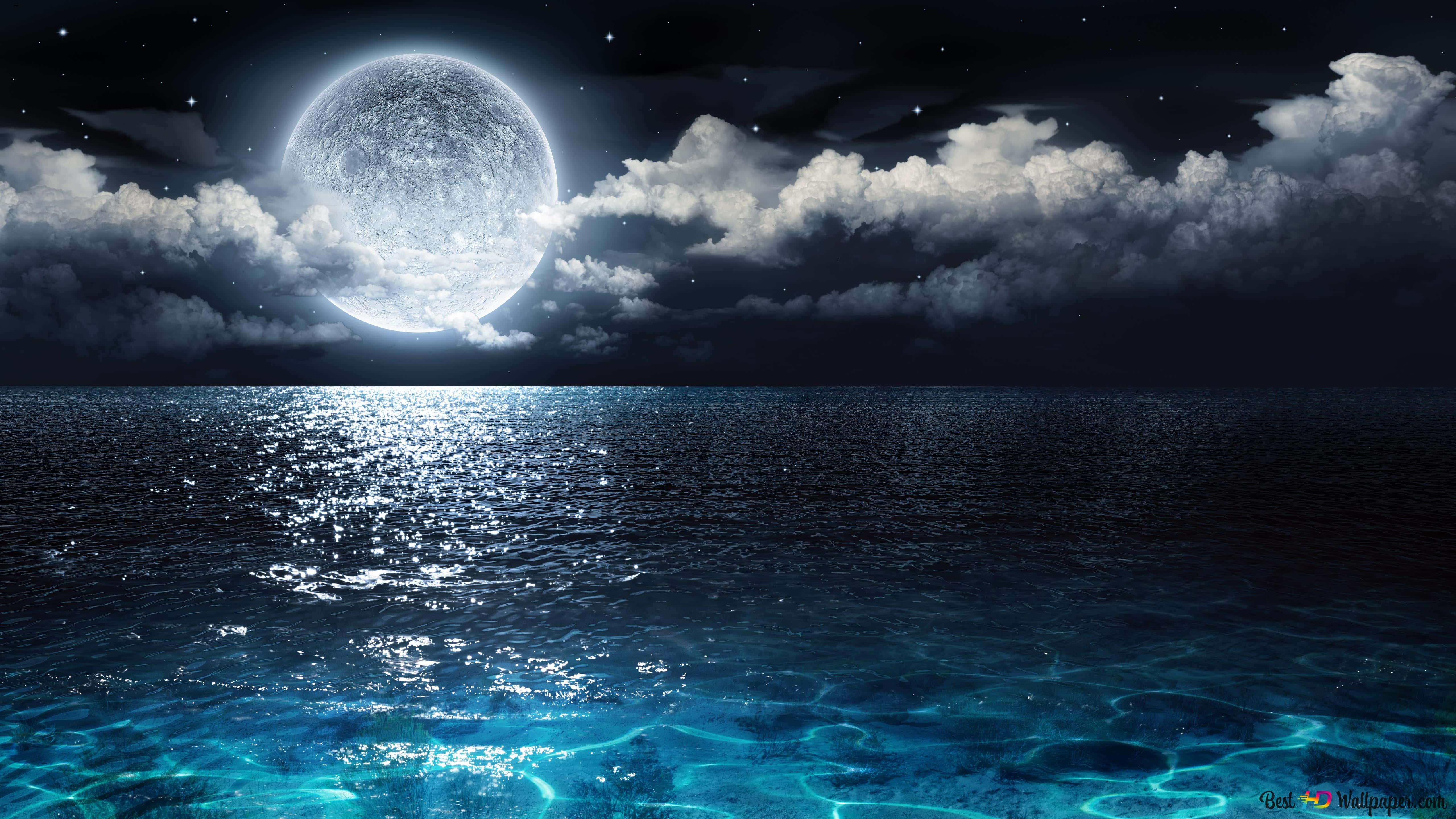 full moon, dramatic clouds, shimmering ocean, 5K Desktop Wallpaper