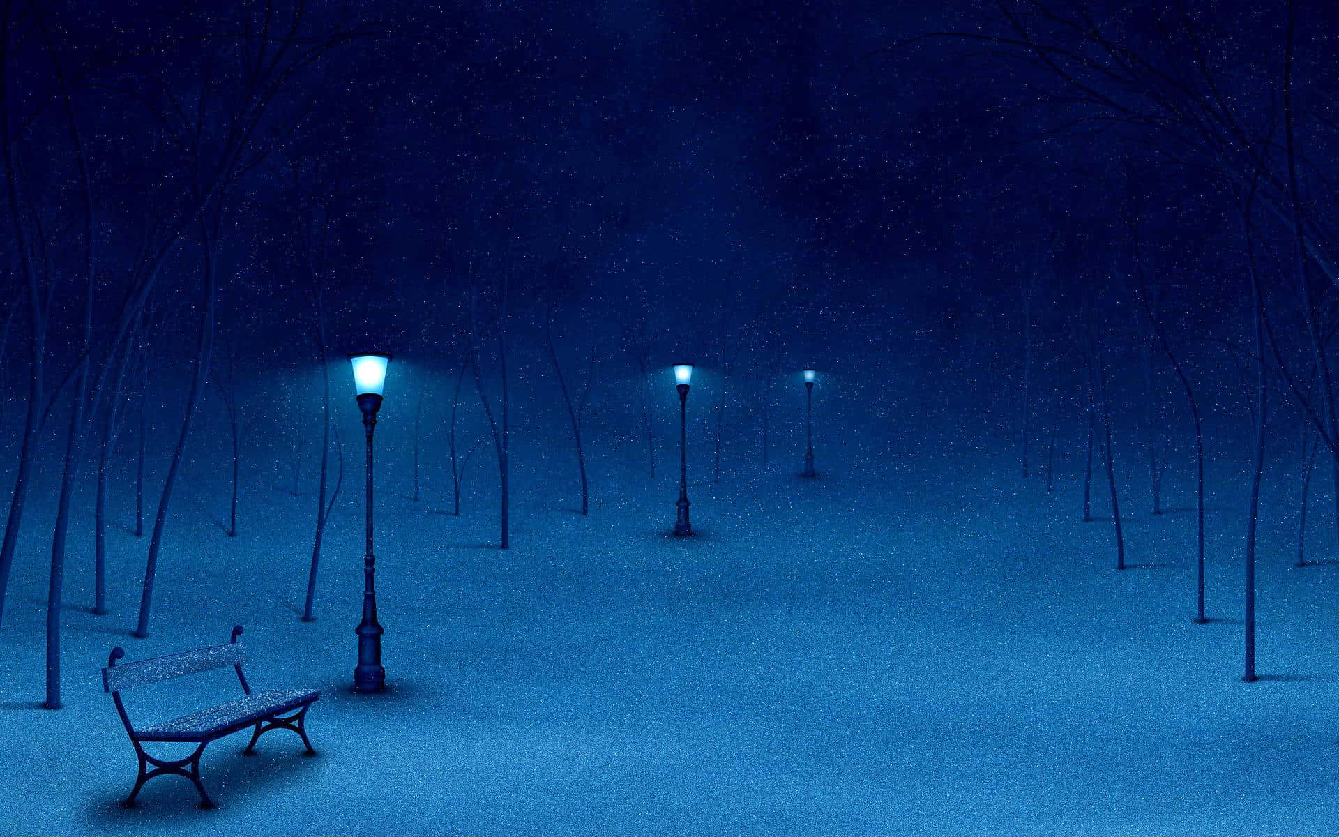 Serene Night Sky, streetlights, snow-covered park, Full HD Desktop Wallpaper