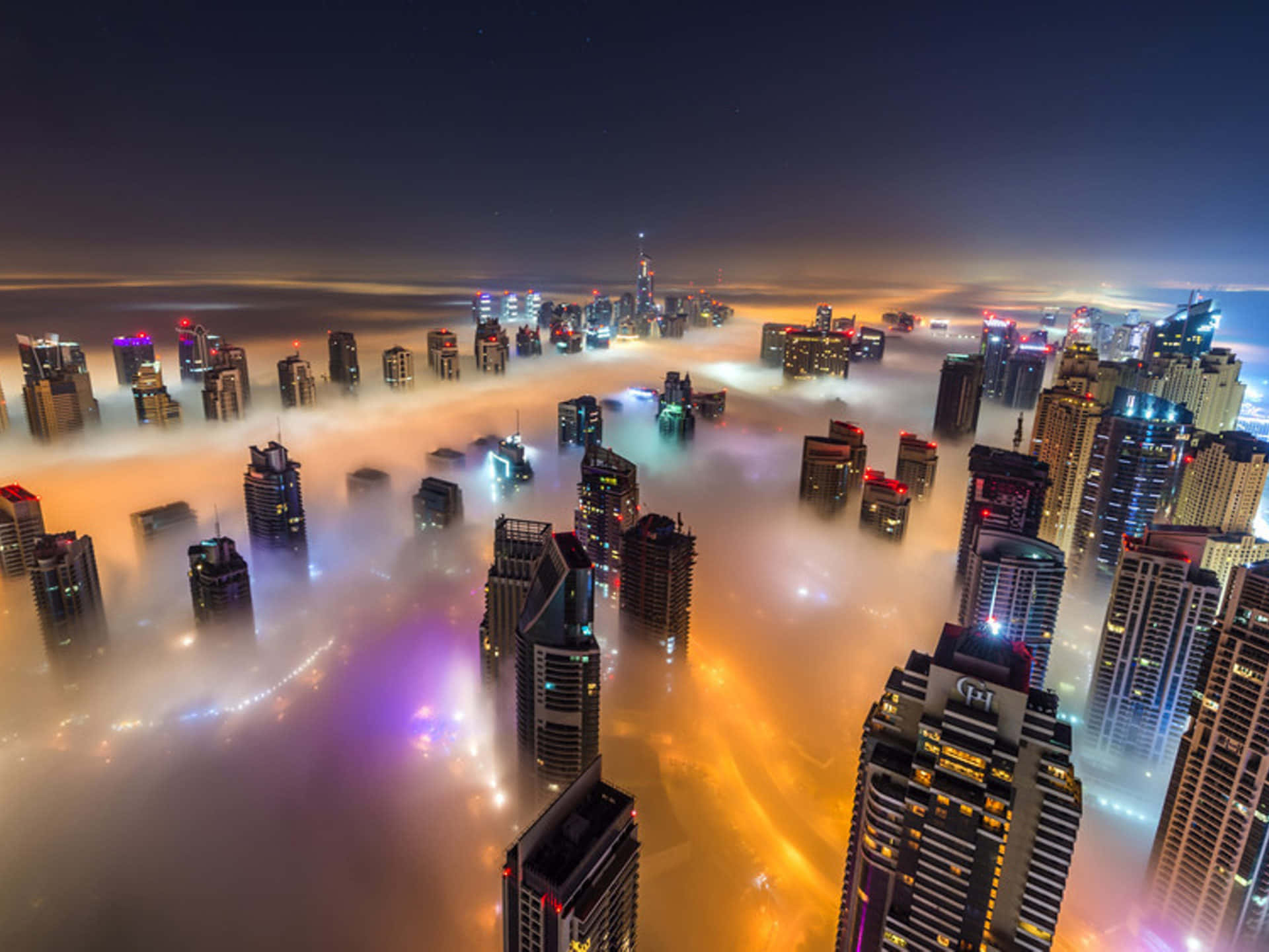 Cityscape, skyscrapers, glowing mist, Full HD Desktop Wallpaper