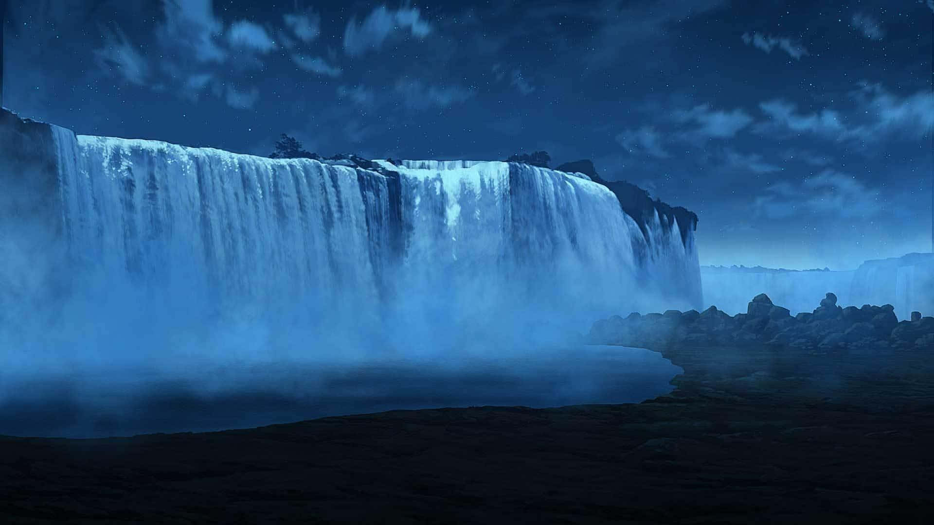 majestic nighttime waterfall, starry night sky, mist, Full HD Desktop Wallpaper