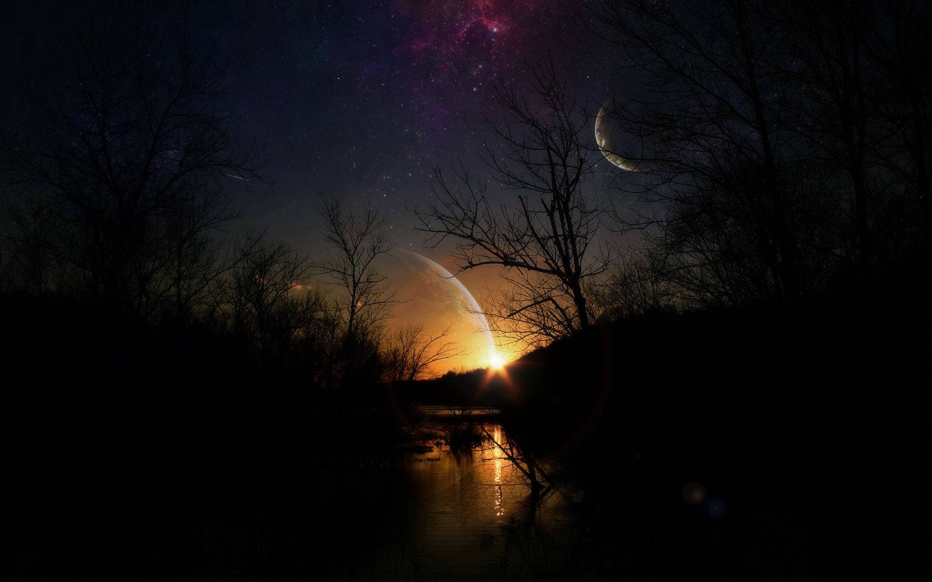 Starry Night, surreal sunset, crescent moon, Full HD Desktop Wallpaper