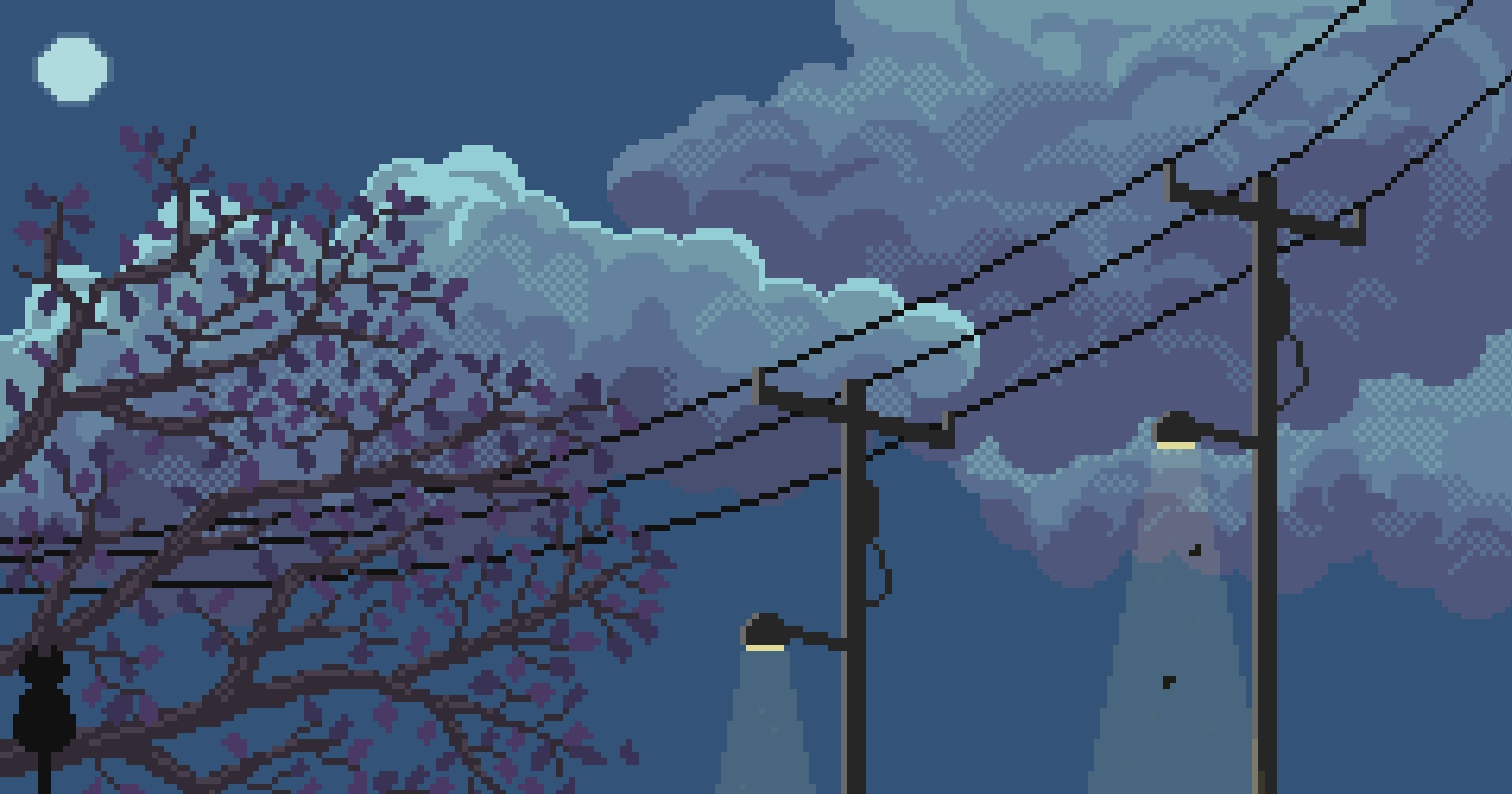 pixel art, night scene, purple blossoming tree, HD Desktop Wallpaper