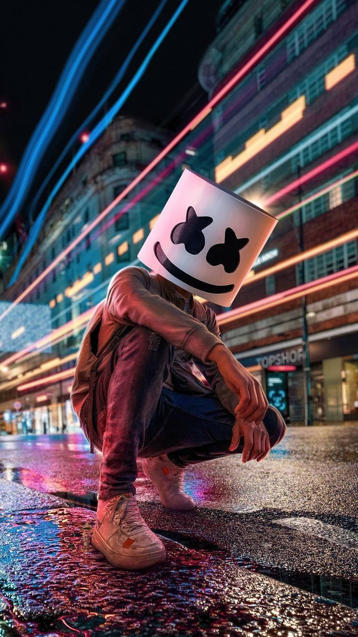 white marshmello mask, wet city street, neon light, HD Phone Wallpaper