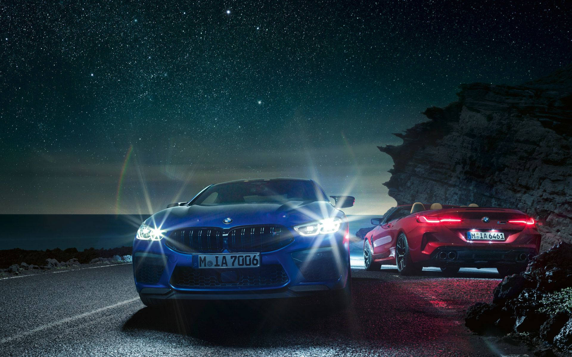 luxurious blue bmw, starry night sky, coastal road, Full HD Desktop Wallpaper