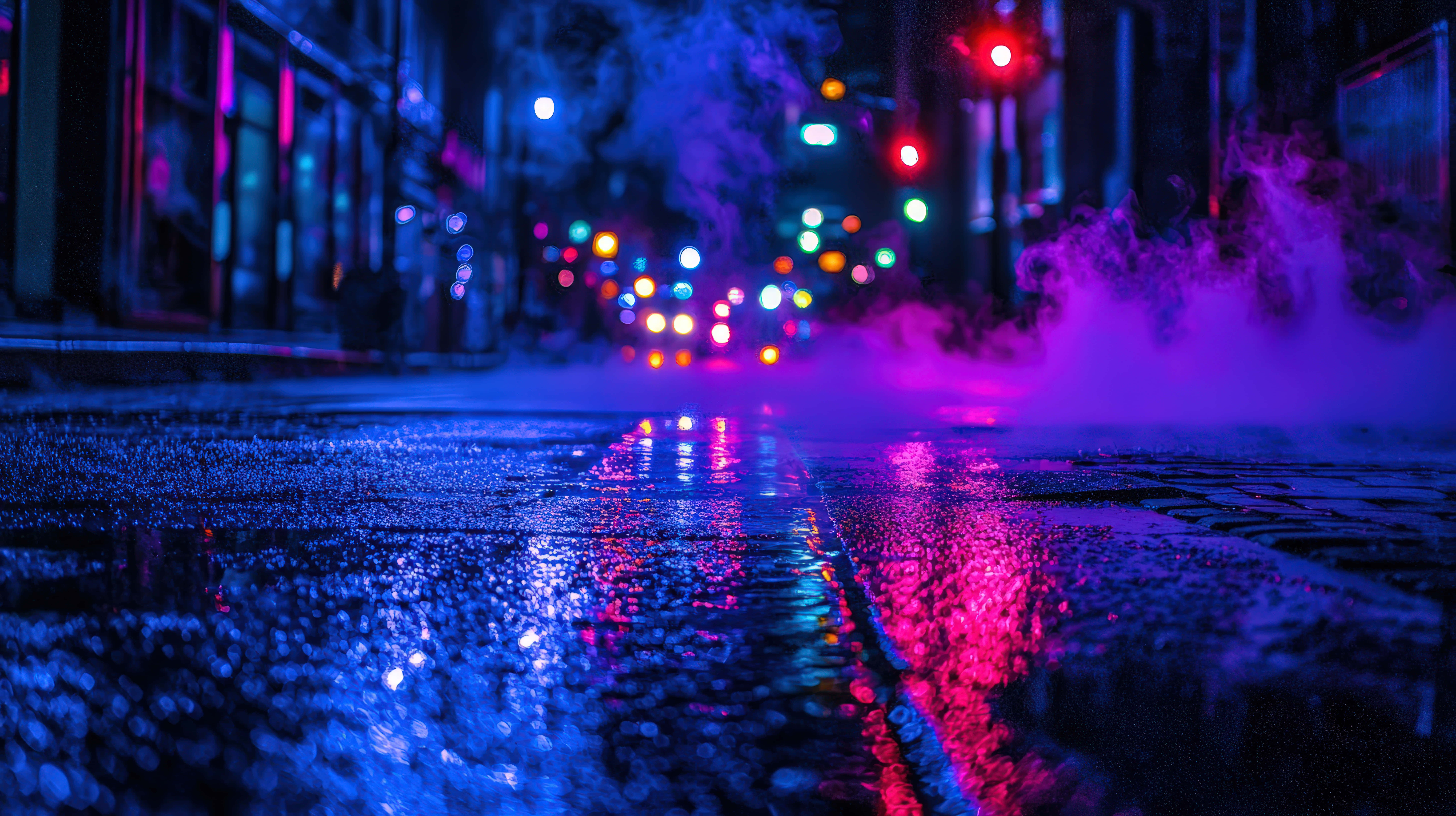 neon lights, wet pavement, rainy night, 8K Desktop Wallpaper