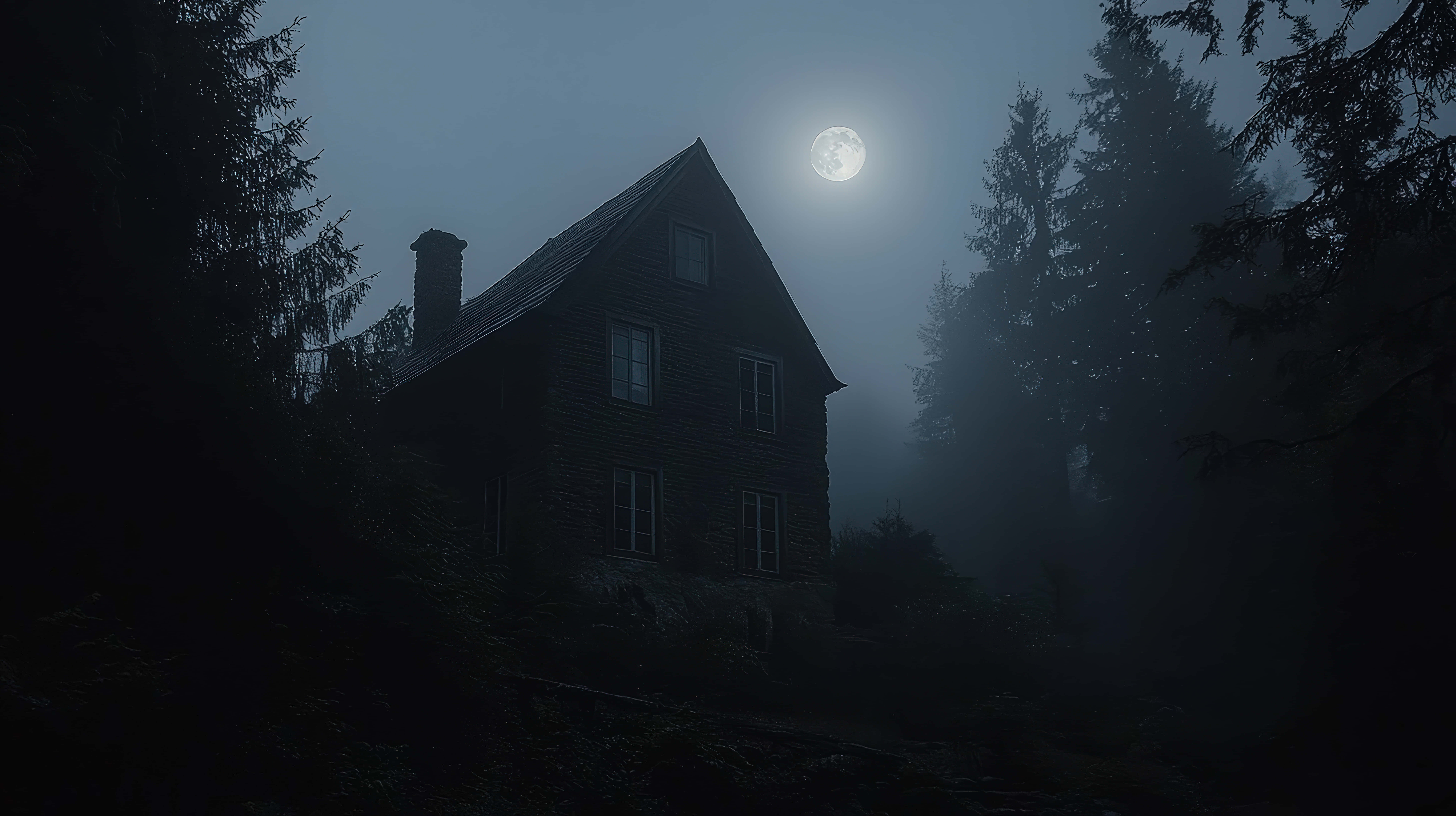 haunted house, dark foggy forest, full moon, 8K Desktop Wallpaper