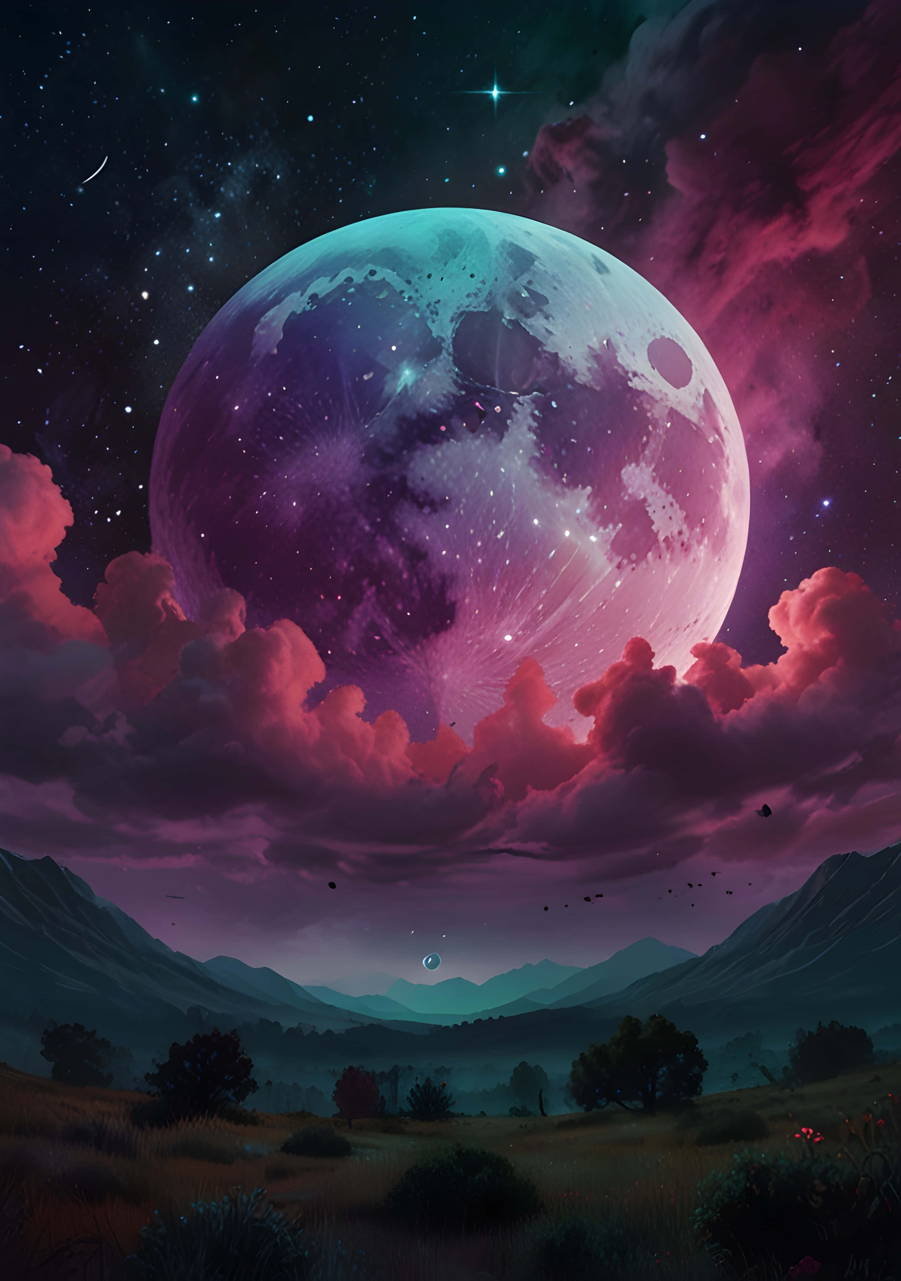 colossal glowing moon, purple and teal hues, valley of mountains, 4K Phone Wallpaper
