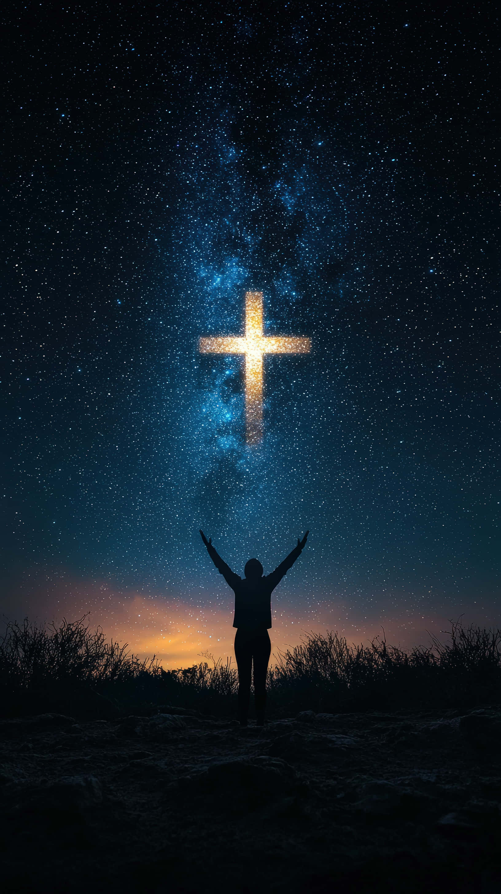 glowing cross, starry night sky, rocky terrain, 2K Phone Wallpaper
