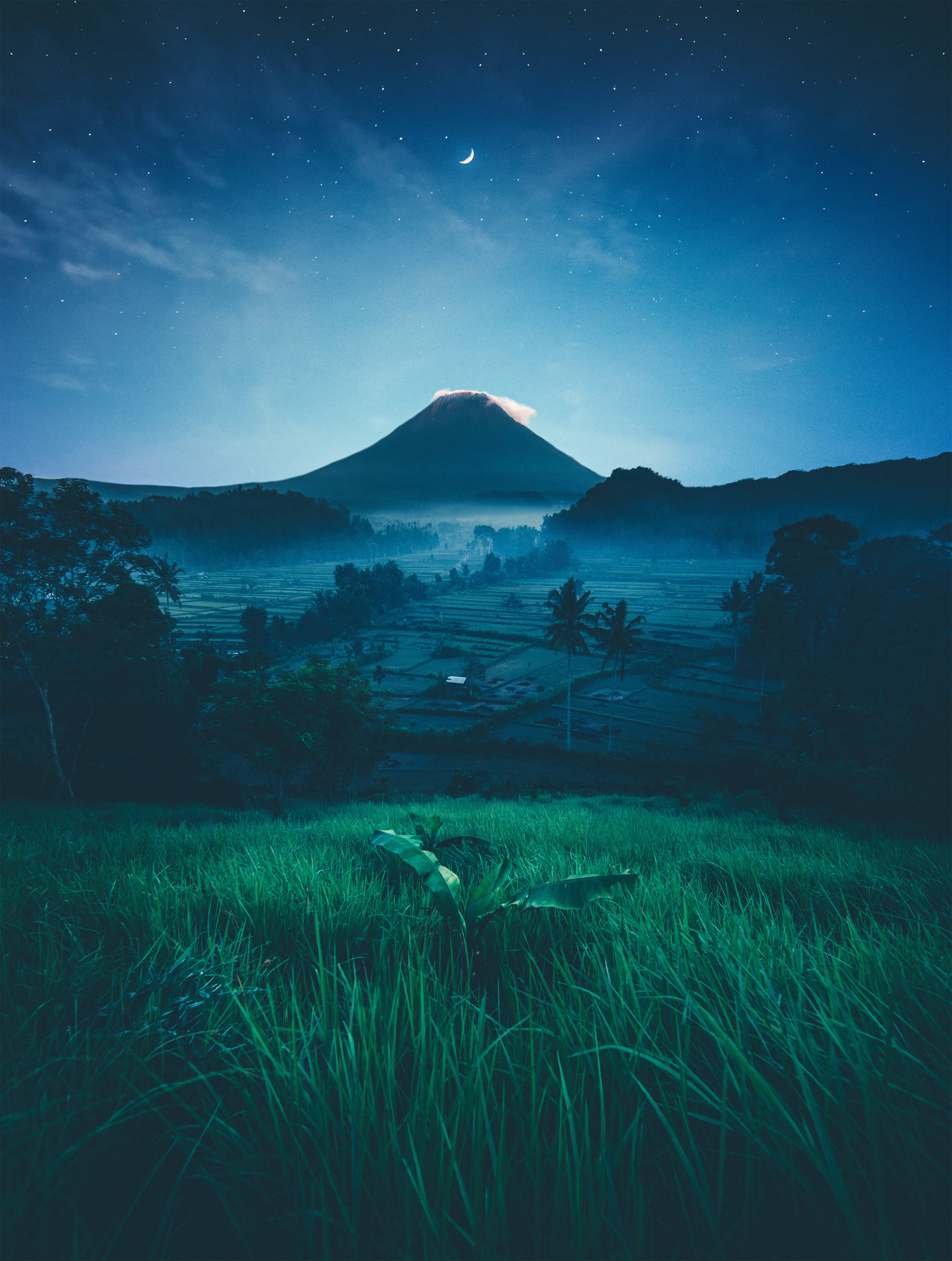 Night Sky, crescent moon, misty volcanic mountain, 4K Phone Wallpaper