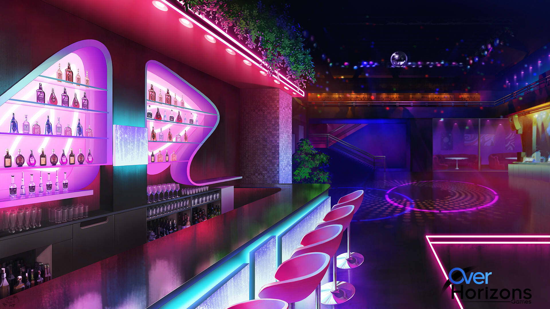 futuristic nightclub bar, glowing neon lights, pink and blue shelves, Full HD Desktop Wallpaper