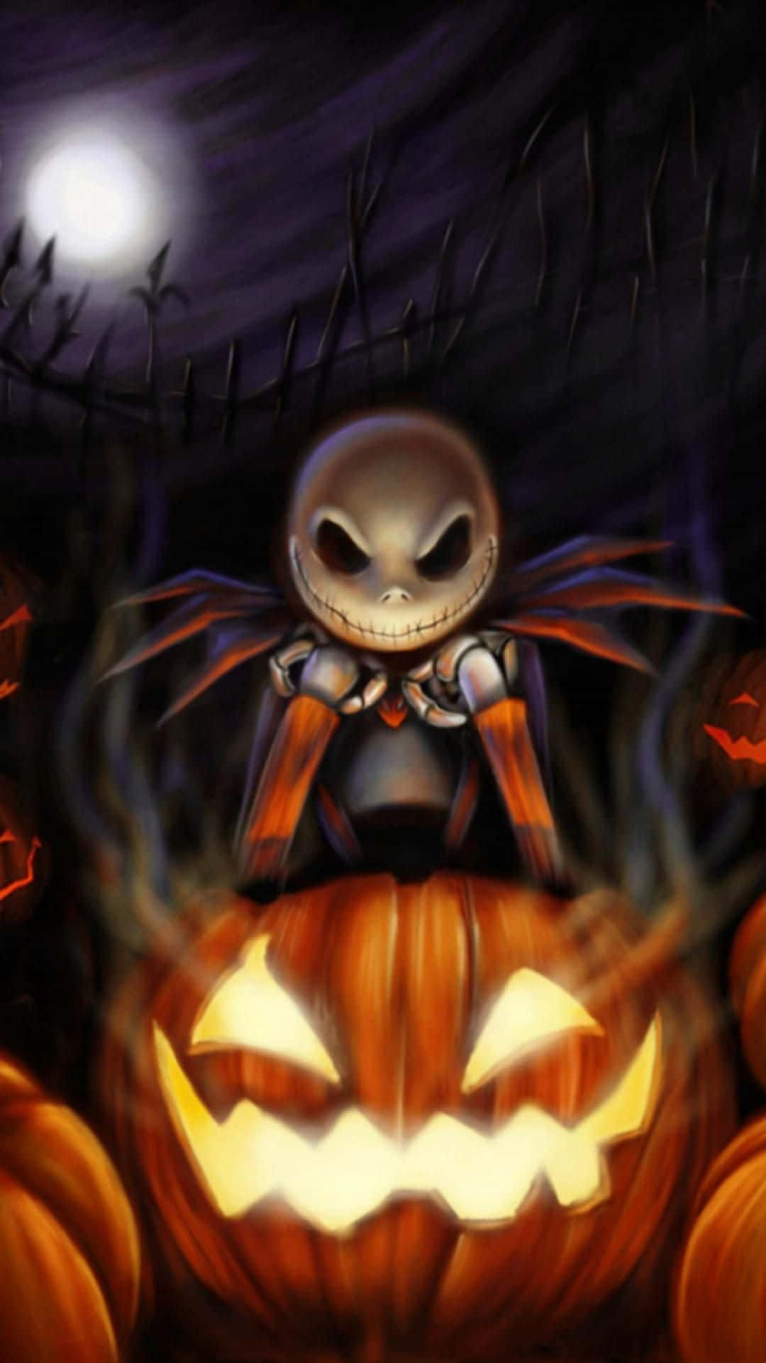 Nightmare Before Christmas Phone, spooky animated skeleton boy, glowing jack-o-lantern, Full HD Phone Wallpaper