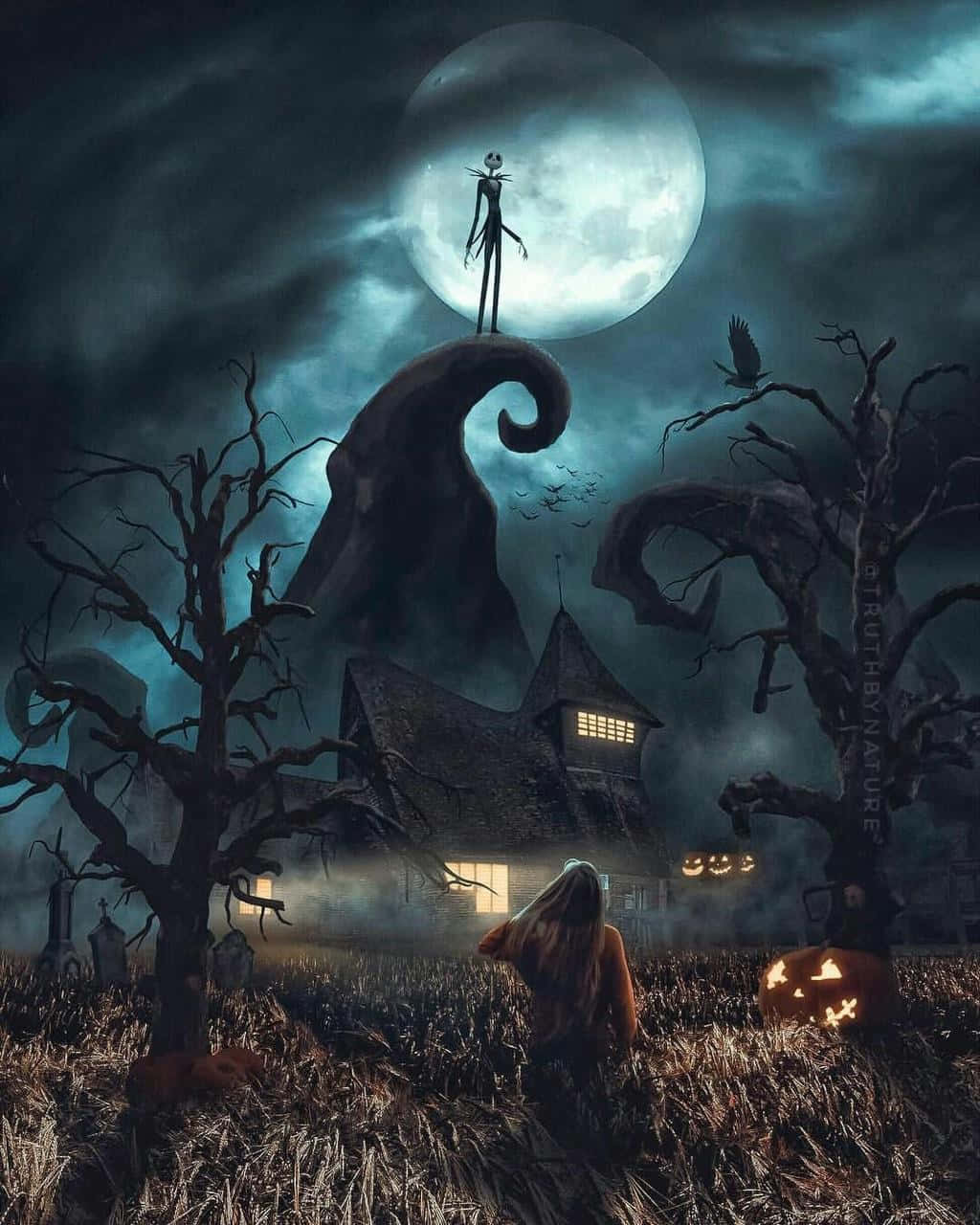 Nightmare Before Christmas Phone, full moon, haunted house, HD Phone Wallpaper