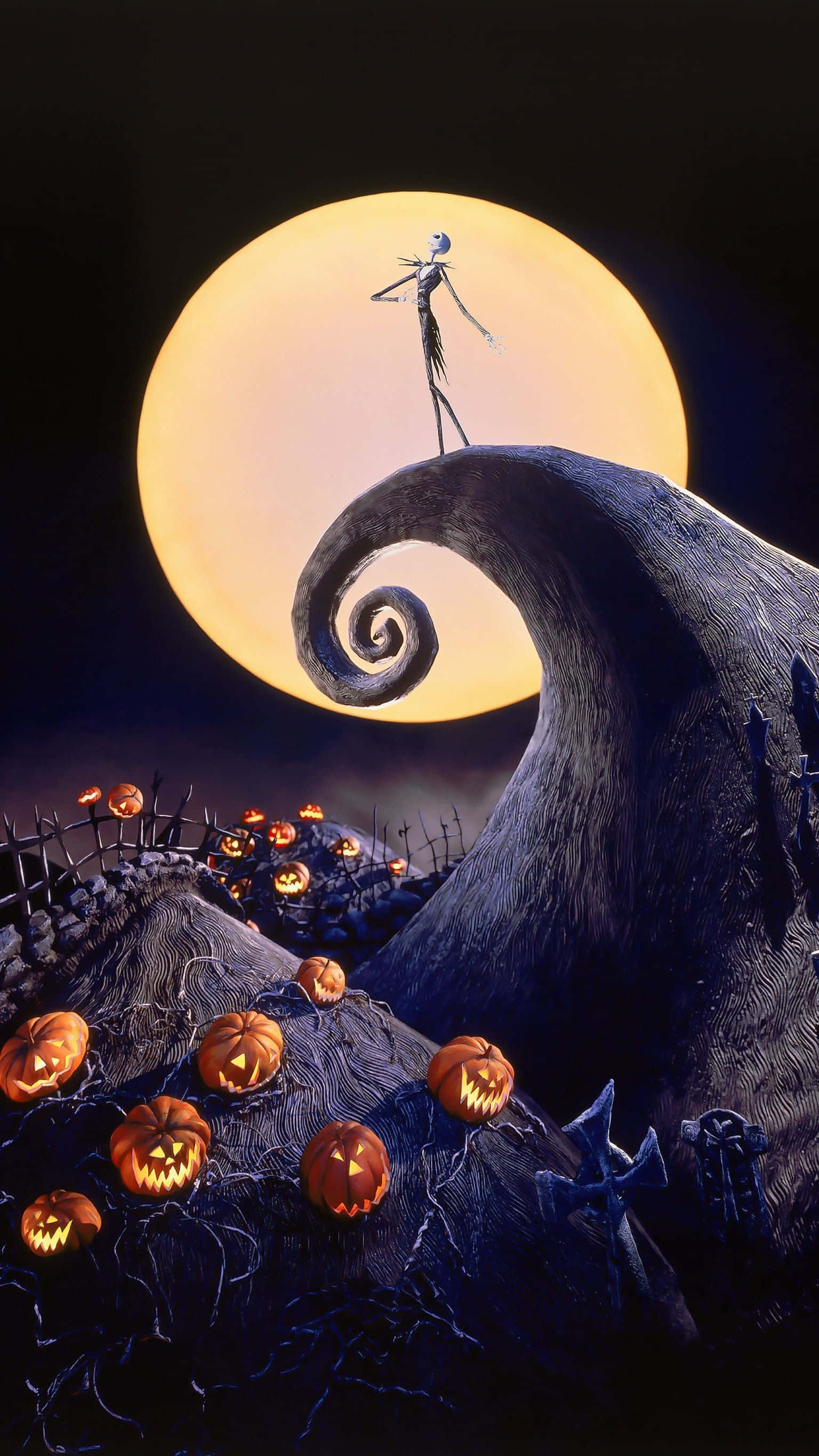 Nightmare Before Christmas Phone, skeletal figure, glowing full moon, 2K Phone Wallpaper