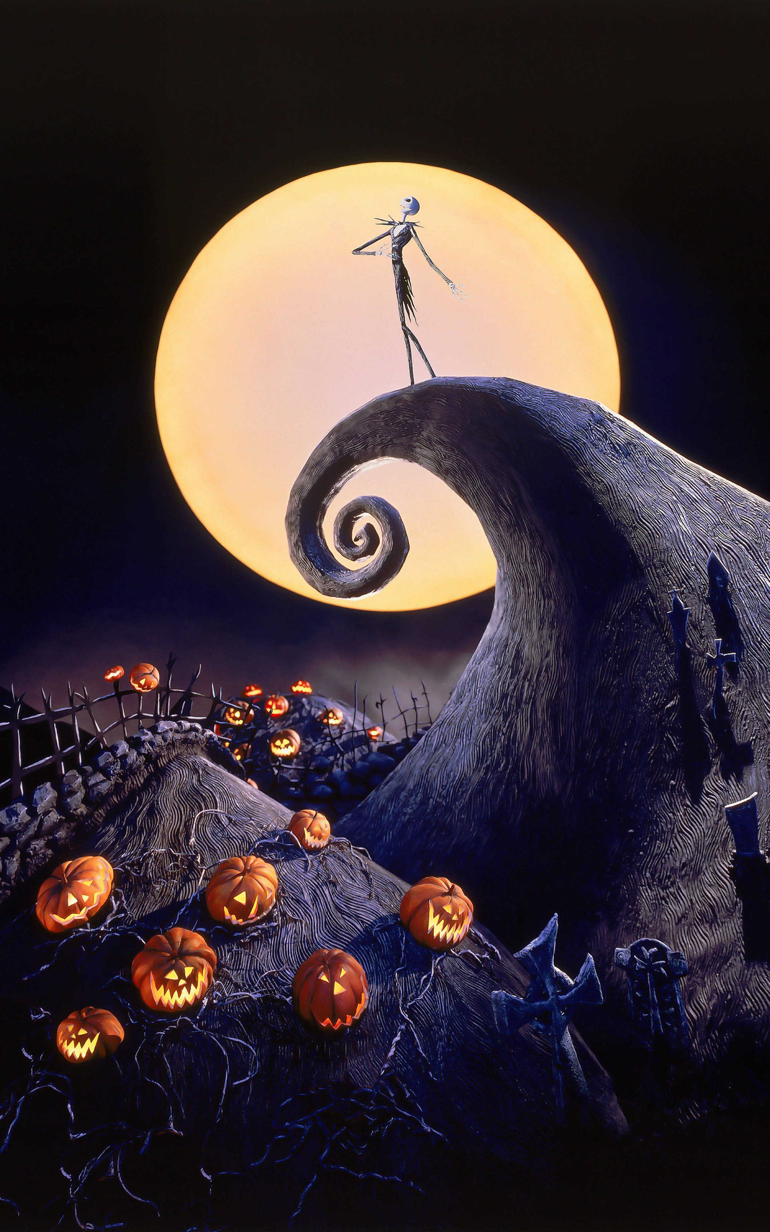 Nightmare Before Christmas, skeletal figure, glowing full moon, 4K Phone Wallpaper