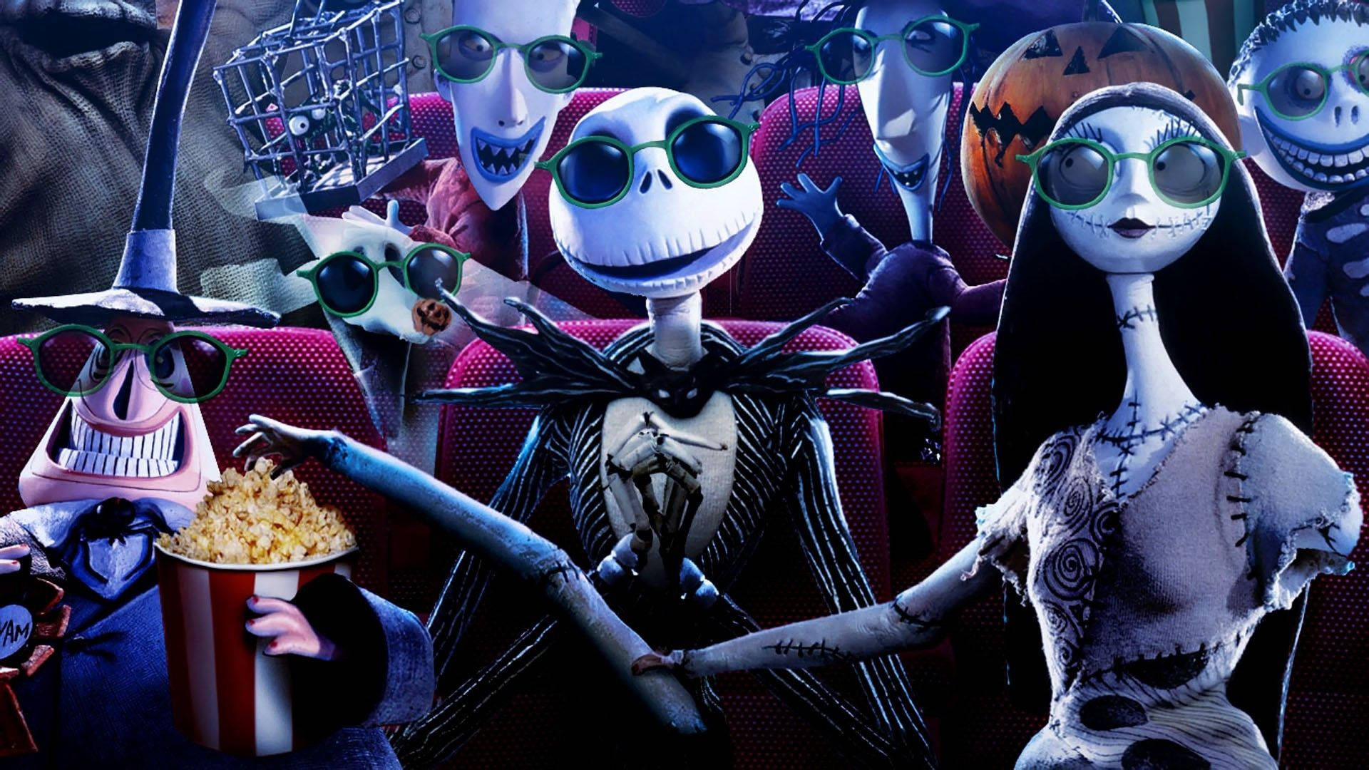 The Nightmare Before Christmas, skeletal and stitched characters, green glasses, Full HD Desktop Wallpaper