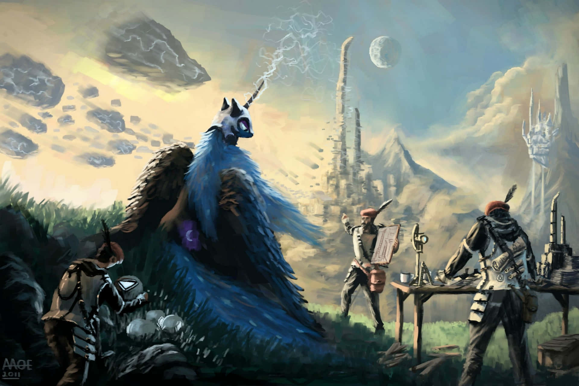 Nightmare Moon, blue-feathered creature, horned head, Full HD Desktop Wallpaper