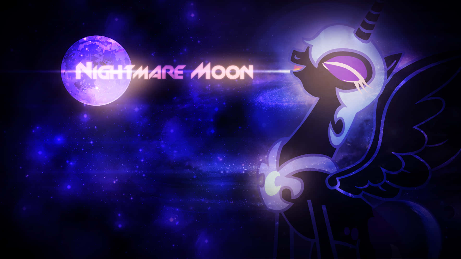 Nightmare Moon, cosmic purple moon, glowing text, Full HD Desktop Wallpaper