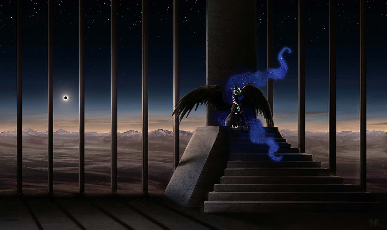 Nightmare Moon, blue dragon, stairway, HD Desktop Wallpaper
