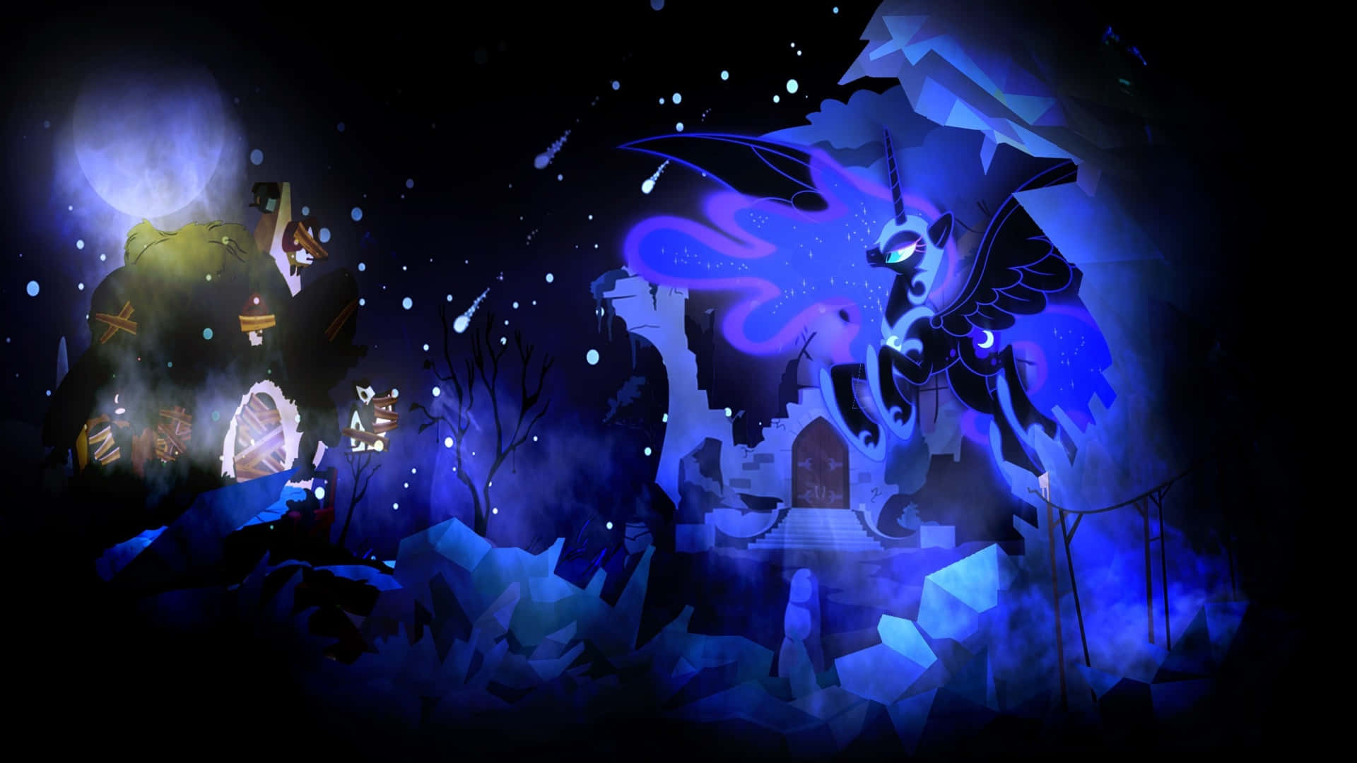 Nightmare Moon, glowing blue unicorn, moonlit castle, Full HD Desktop Wallpaper