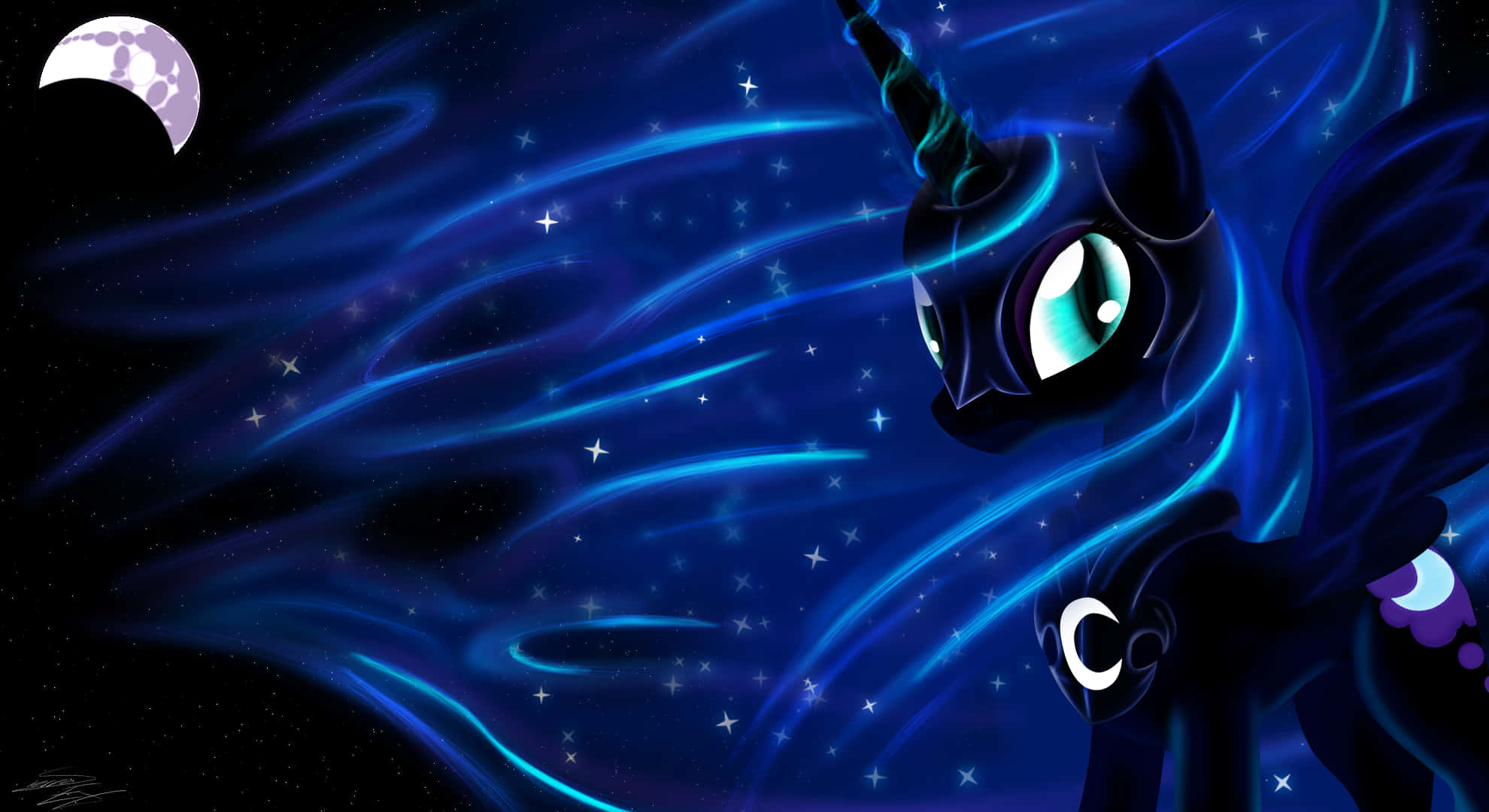 Nightmare Moon, dark blue unicorn, glowing cyan eyes, Full HD Desktop Wallpaper