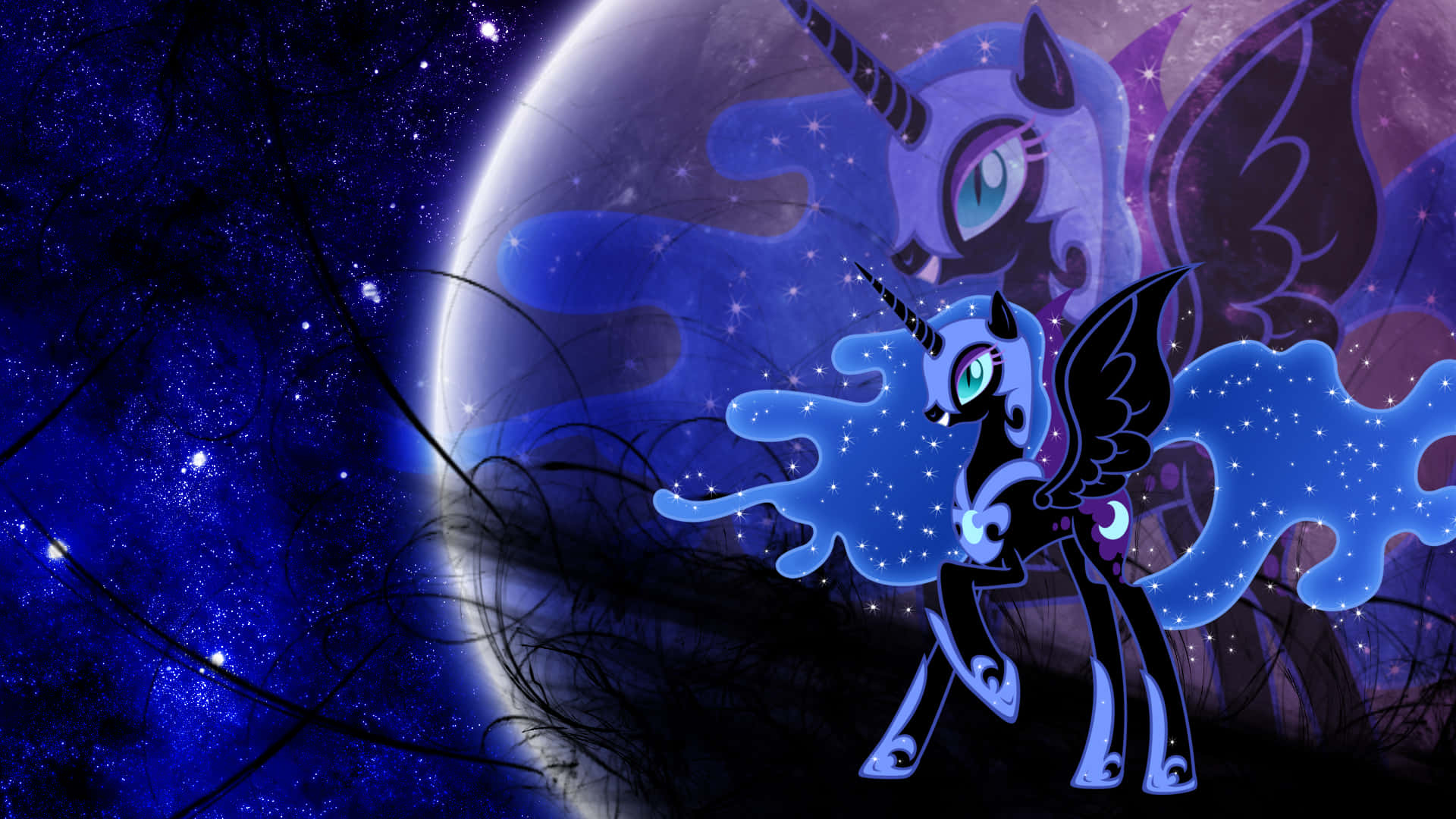 Nightmare Moon, crescent moon, cosmic night sky, Full HD Desktop Wallpaper