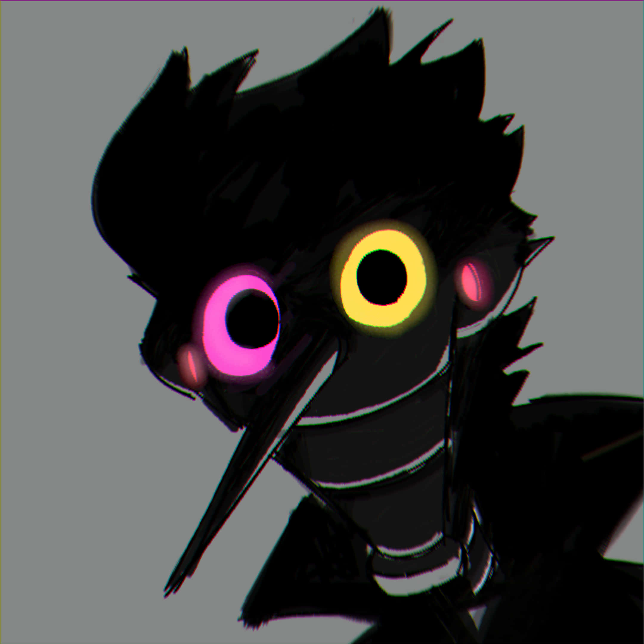 black puppet, glowing pink and yellow eyes, black bird-like creature, Full HD Desktop Wallpaper