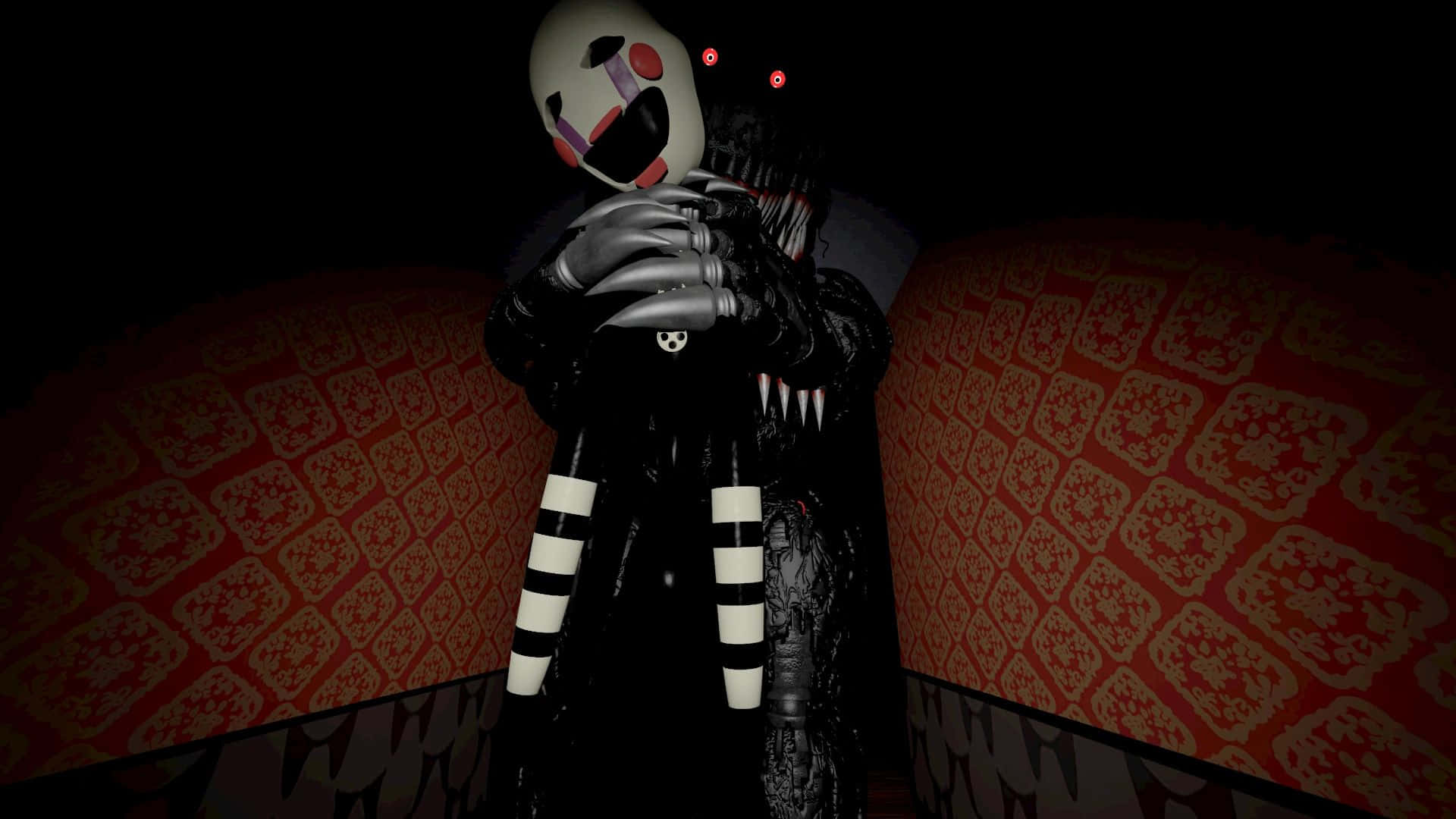 Nightmare Puppet, black and white striped attire, dimly lit room, Full HD Desktop Wallpaper