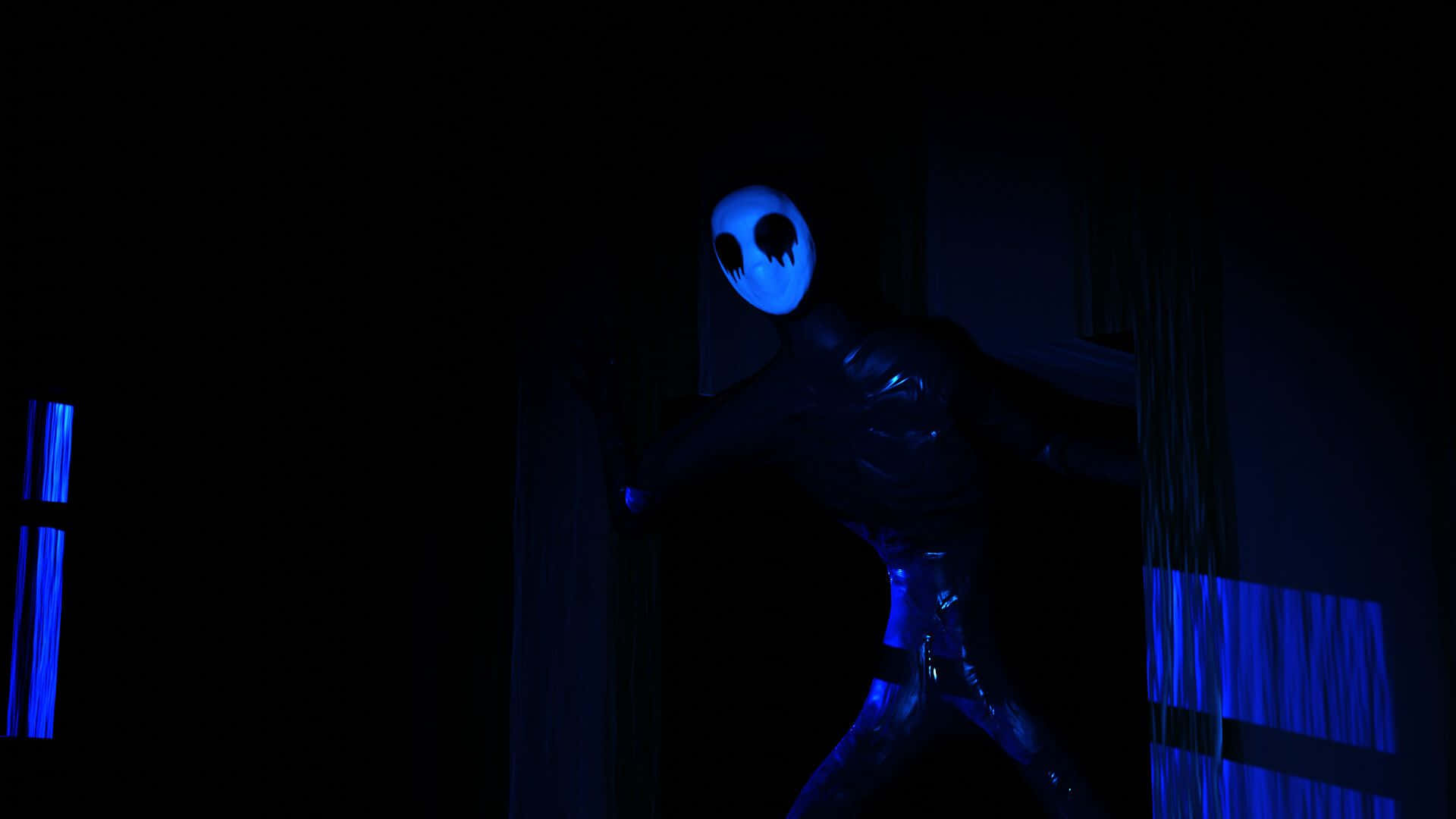 Nightmare Puppet, glowing blue masked figure, shiny suit, Full HD Desktop Wallpaper