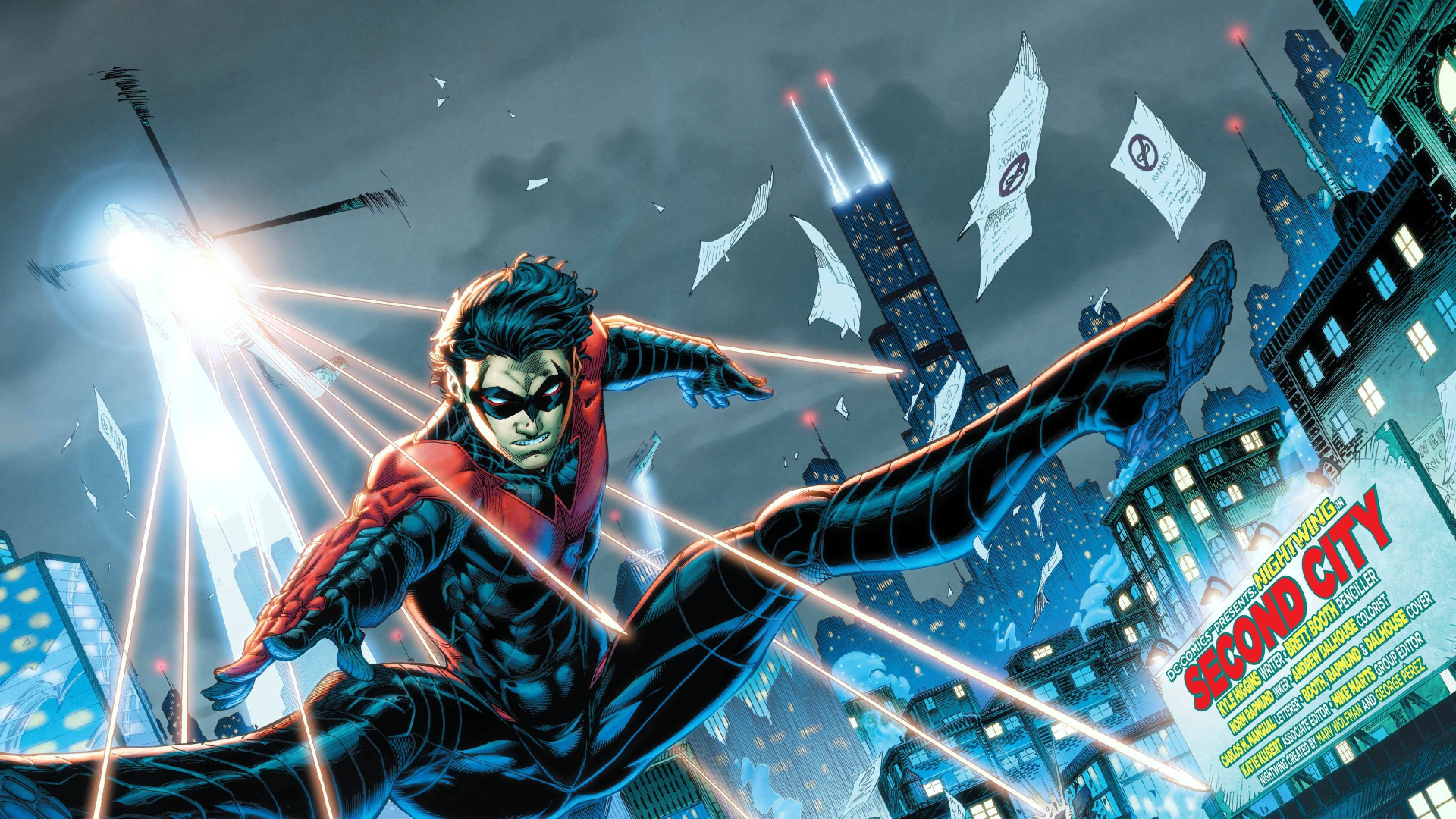 Nightwing, red and black suit, neon-lit cityscape, 4K Desktop Wallpaper