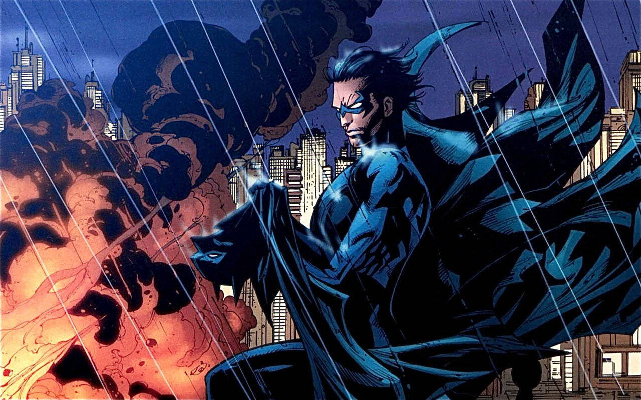 Nightwing, blue-suited superhero, flowing cape, HD Desktop Wallpaper