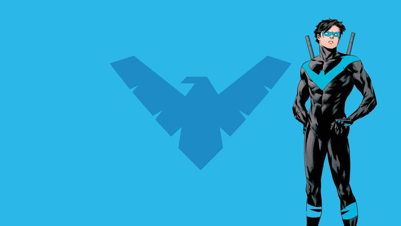 Nightwing, black and blue suit, solid blue background, HD Desktop Wallpaper