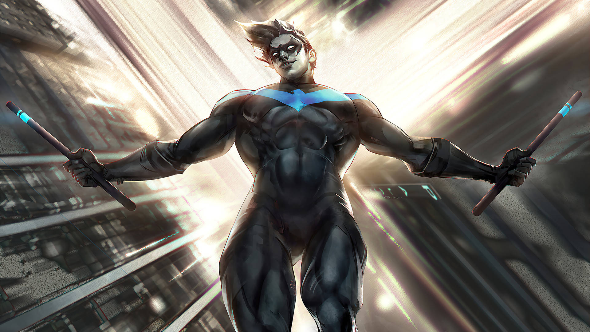 Nightwing, black suit, blue bat symbol, Full HD Desktop Wallpaper