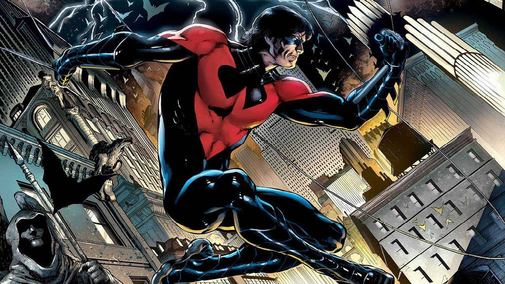 Nightwing, red and black suit, stormy cityscape, Full HD Desktop Wallpaper
