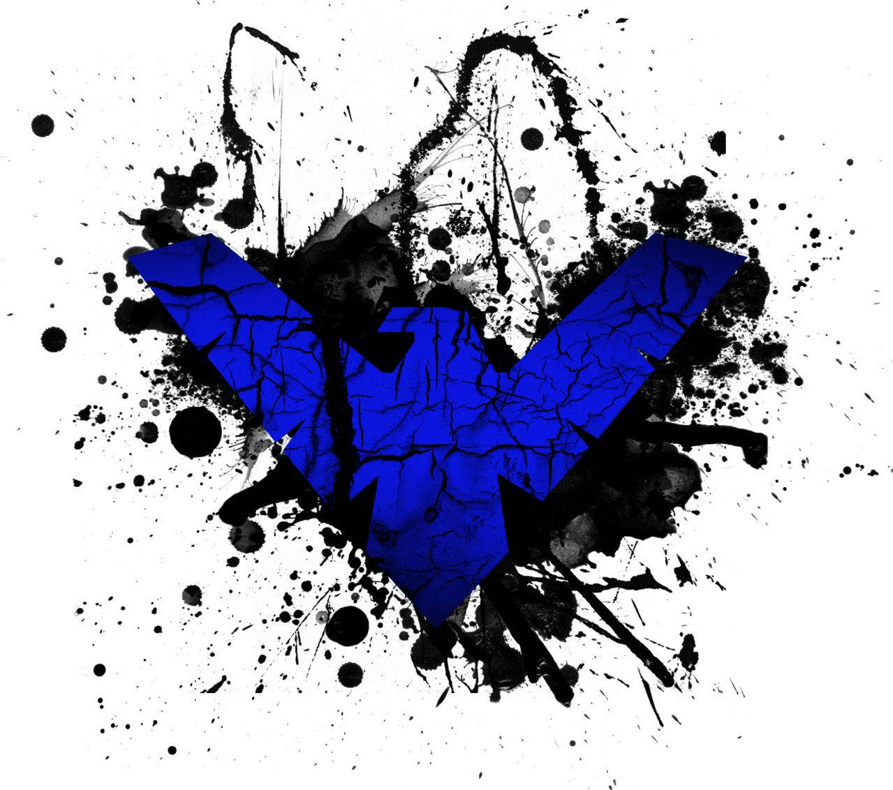 Nightwing, blue cracked bat symbol, black ink splatters, SD Desktop Wallpaper