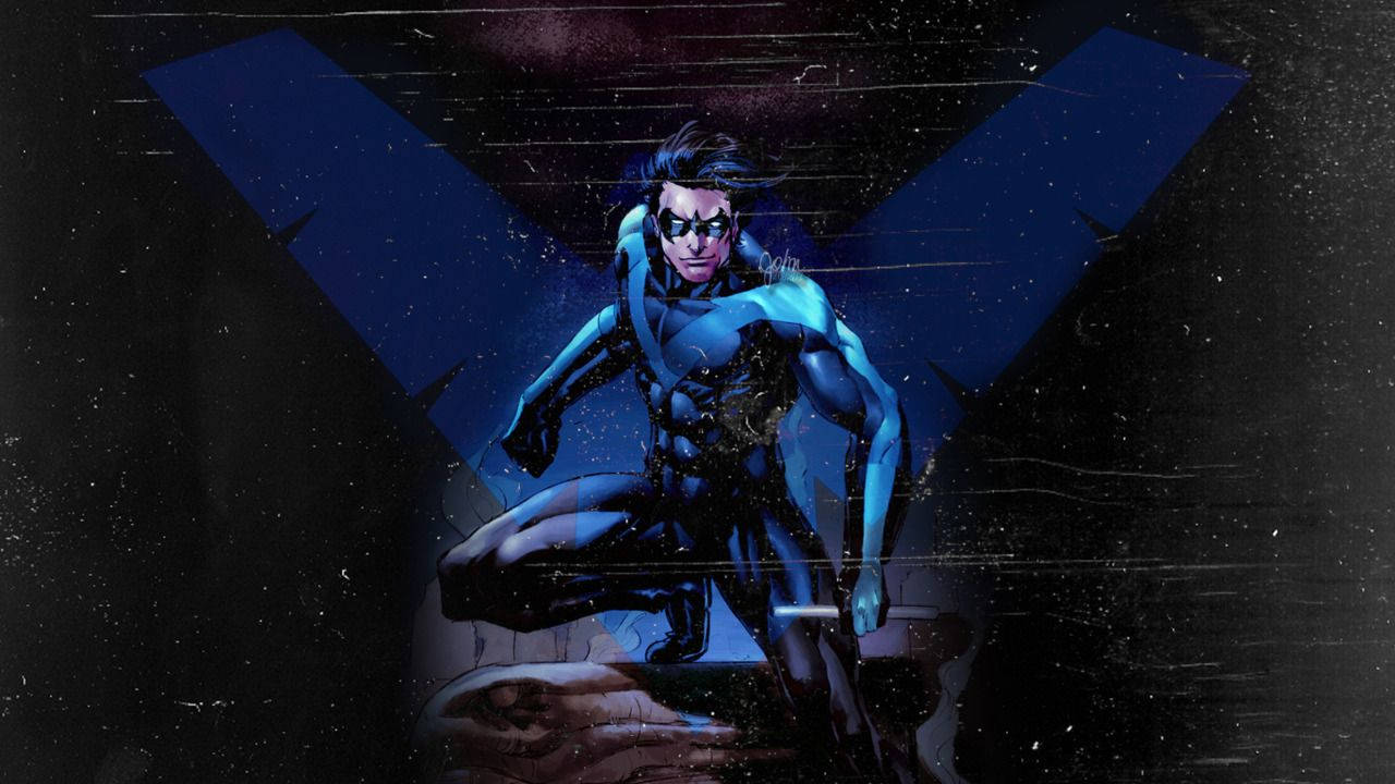 Nightwing, blue-suited superhero, glowing X symbol, HD Desktop Wallpaper