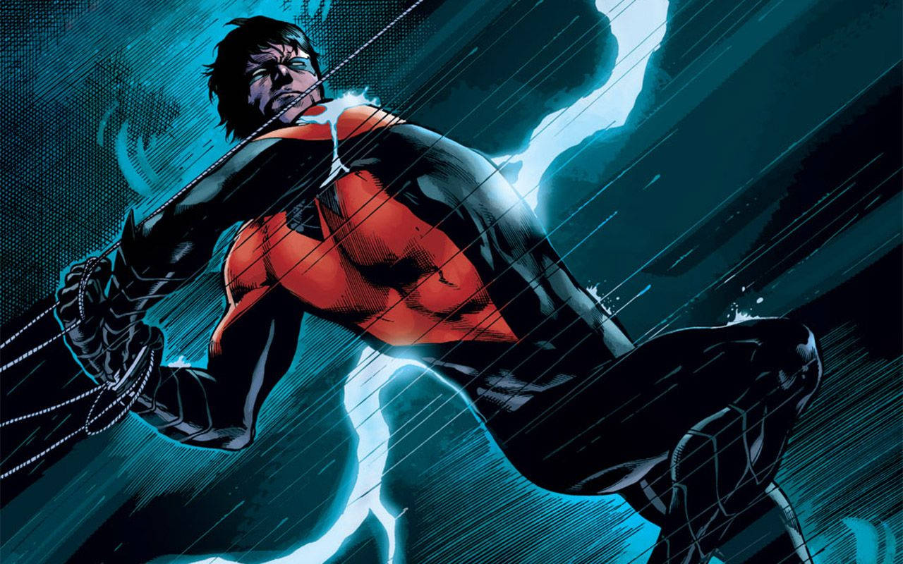 Nightwing, red and black suit, rain, HD Desktop Wallpaper