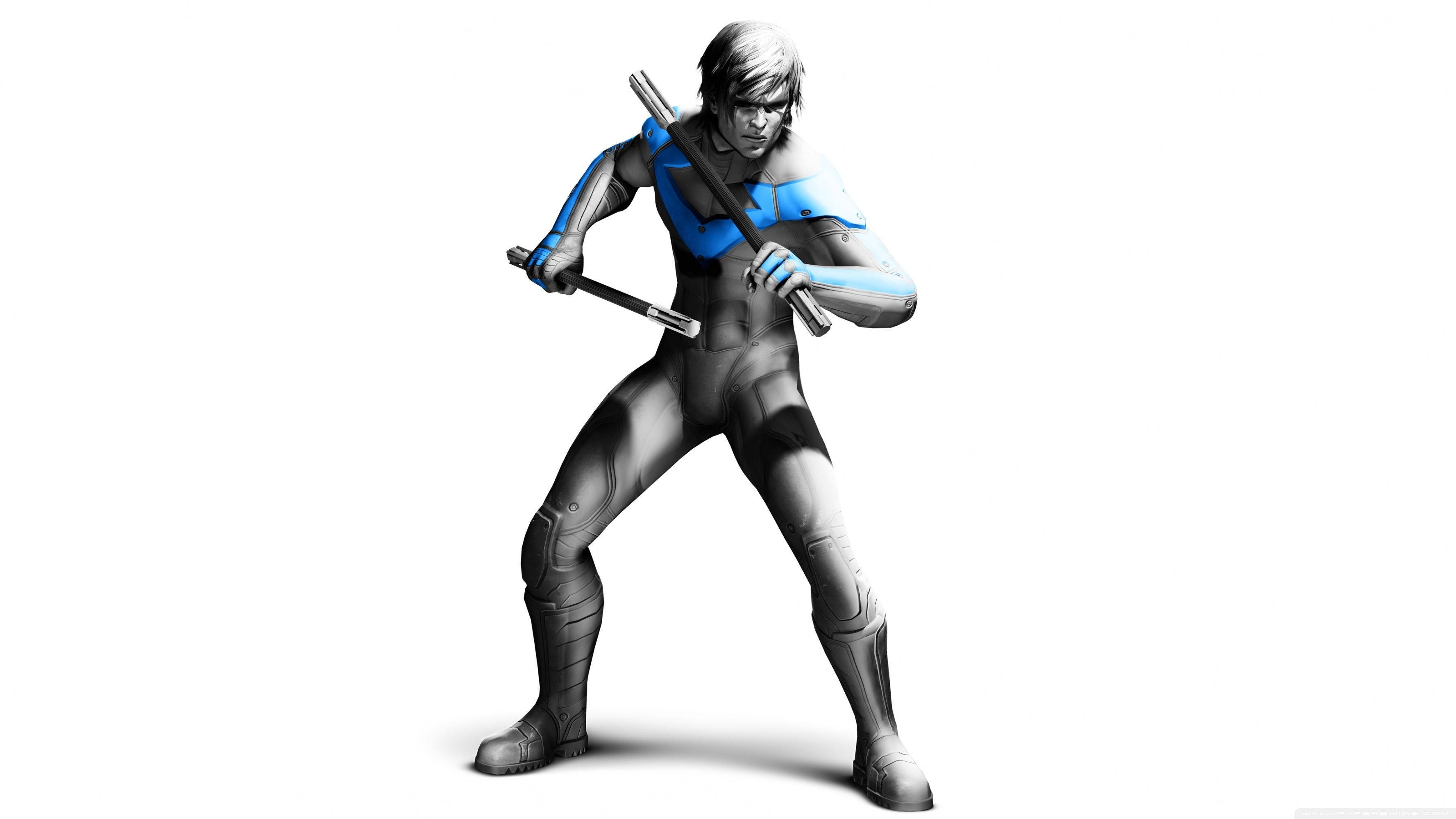 Nightwing, blue and gray suit, dual batons, 2K Desktop Wallpaper